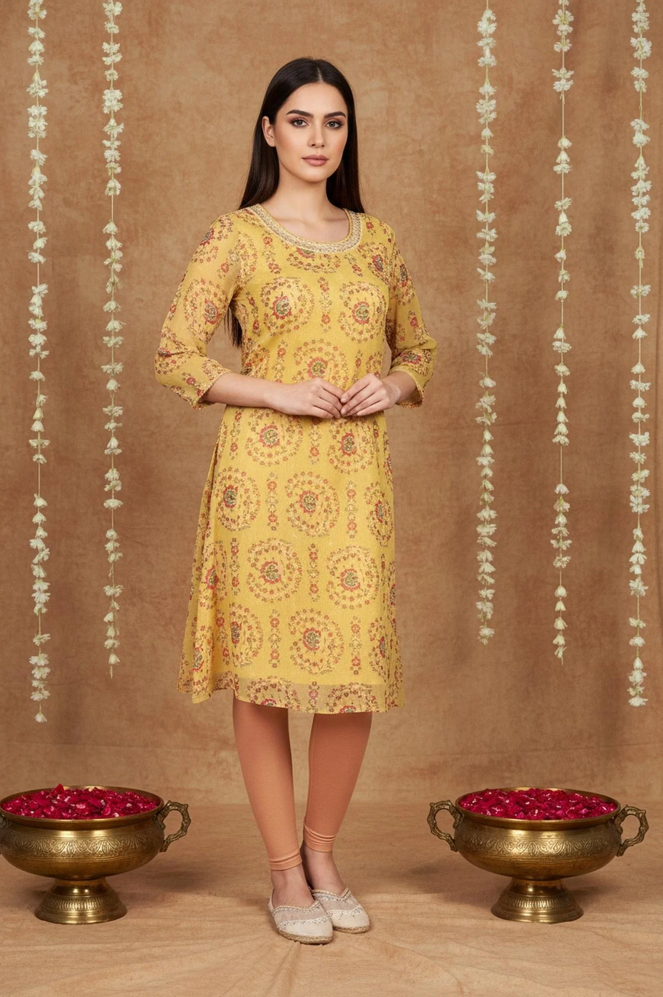 Yellow Floral Thread Work A-Line Chiffon Kurta - Image 4
