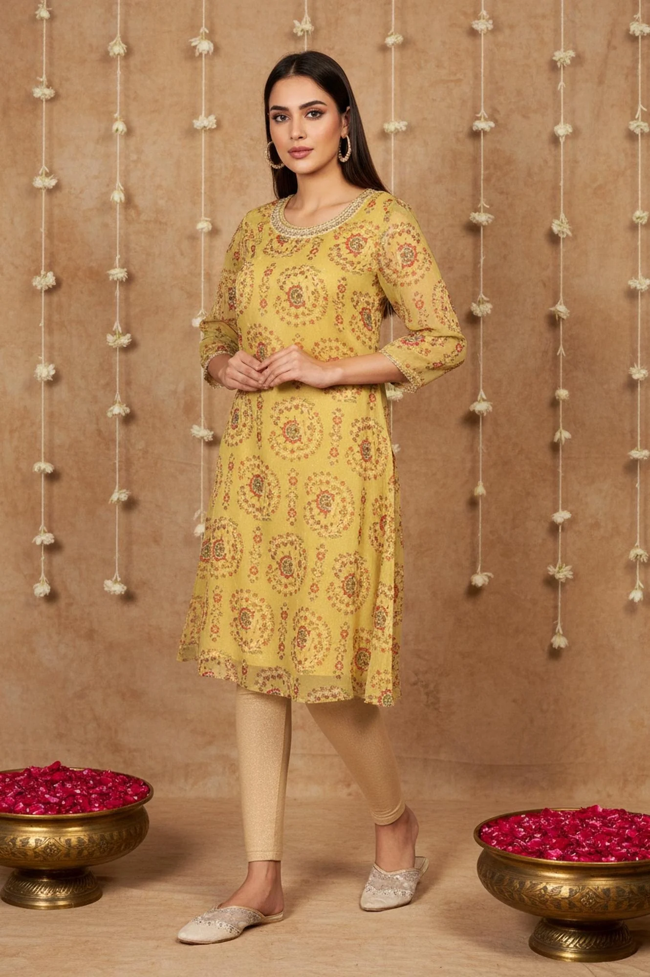 Yellow Floral Thread Work A-Line Chiffon Kurta - Image 6