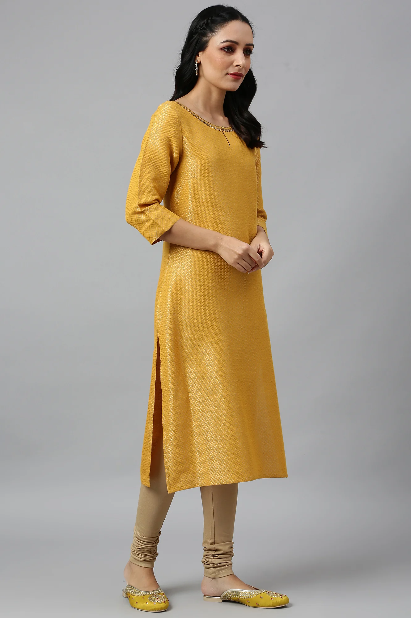 Yellow Geometric Print Dobby kurta - Image 6