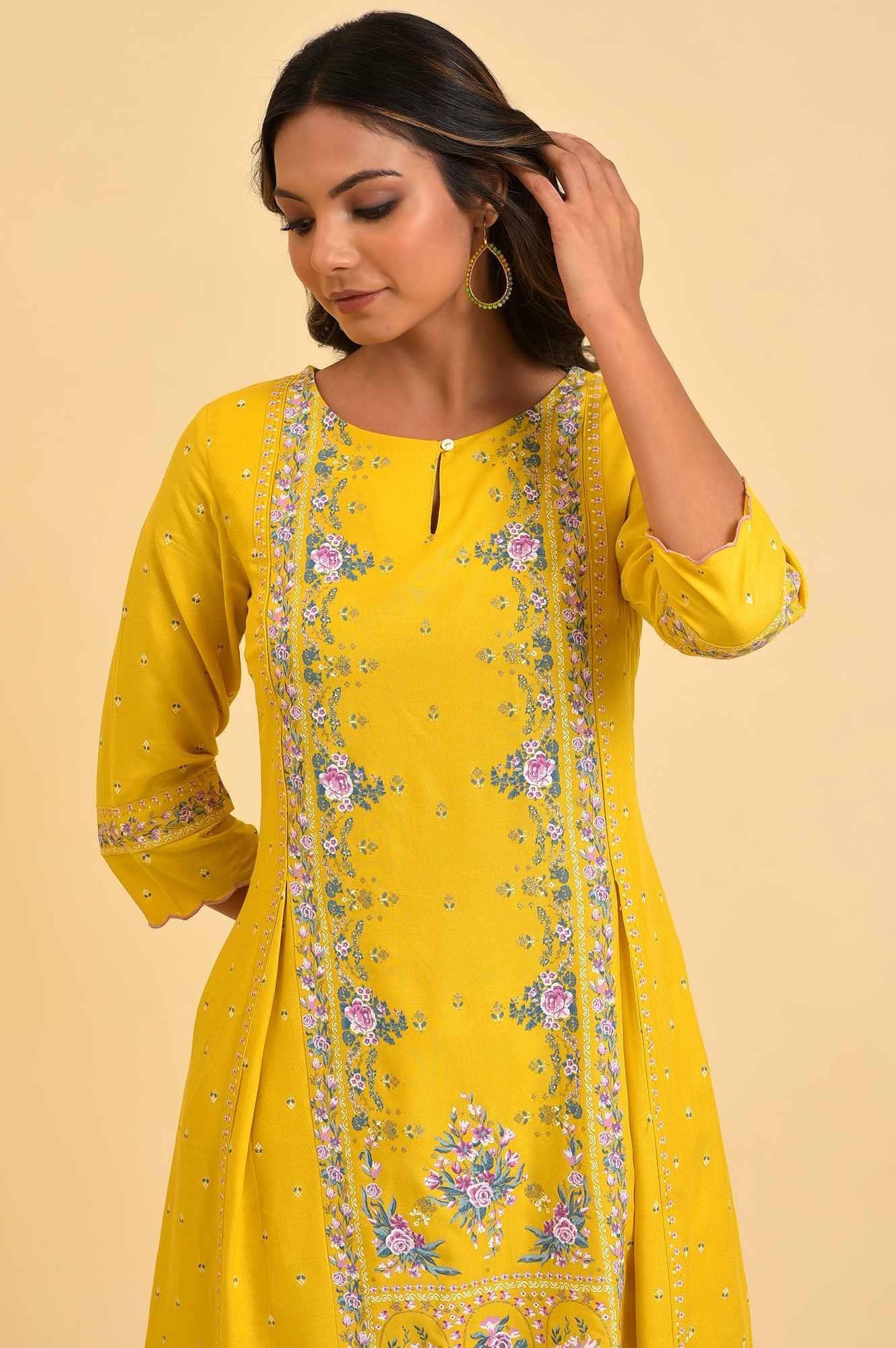 Yellow Glitter Printed Plus Size A-Line kurta - Image 5
