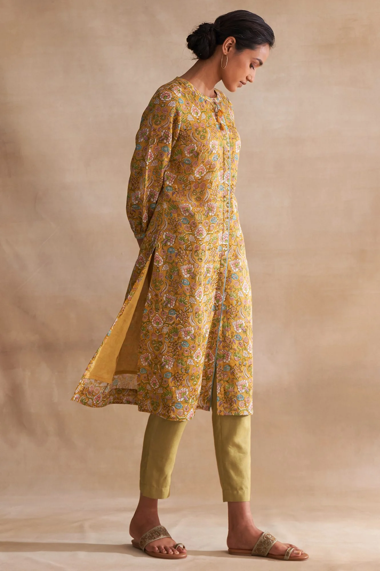 Yellow Handblock Print Cotton Silk Shirtdress - Image 4