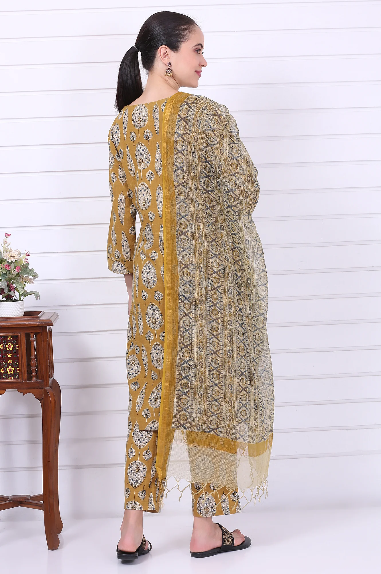 Yellow Kalamkari Printed Mirror Work Straight Pure Cotton Kurta, Pants and Dupatta Set - Image 6