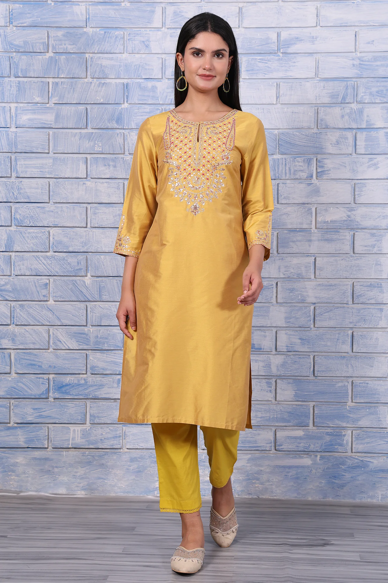 Yellow Metallic Embroidered Straight Kurta - Image 2