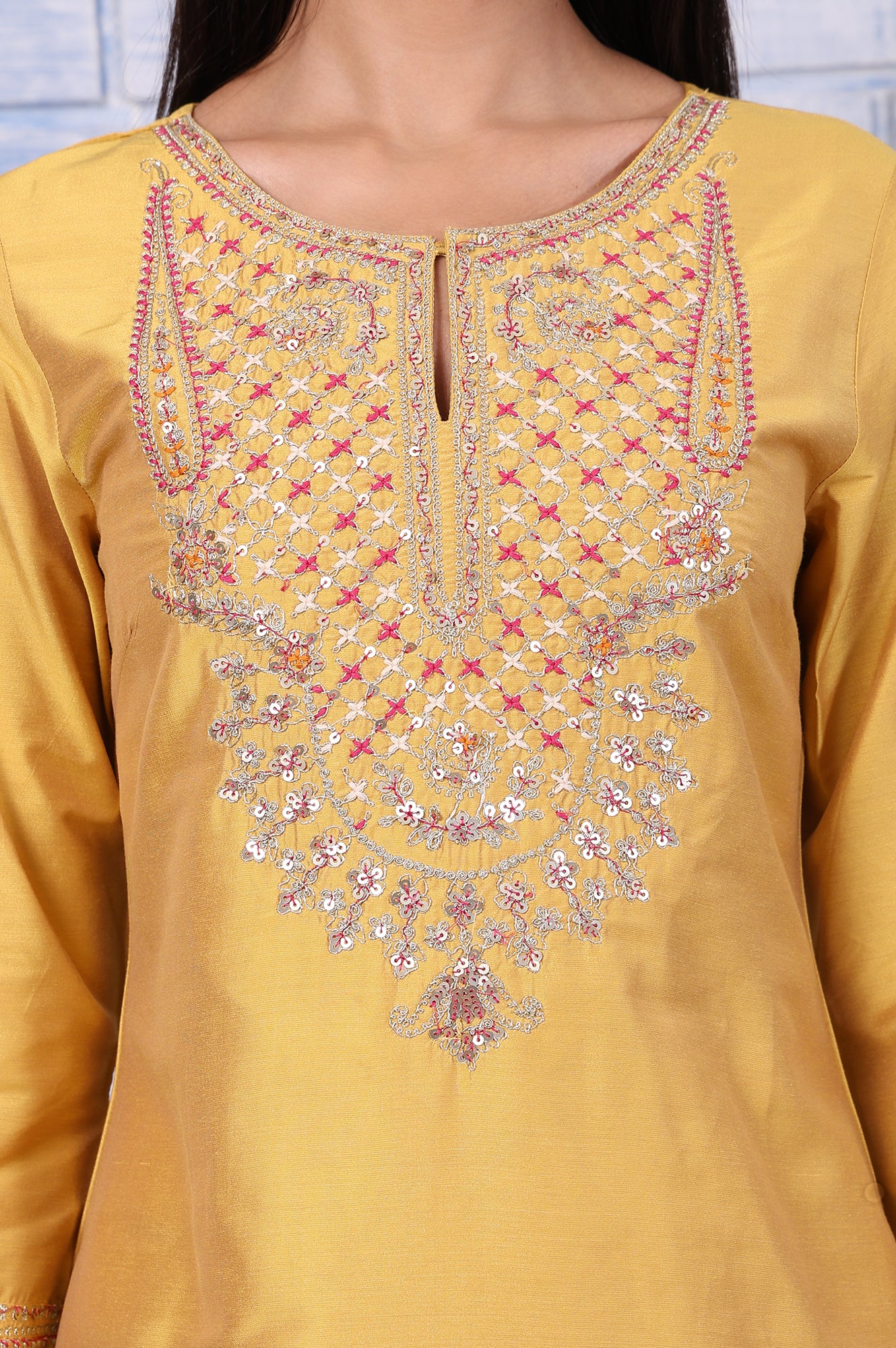 Yellow Metallic Embroidered Straight Kurta - Image 3