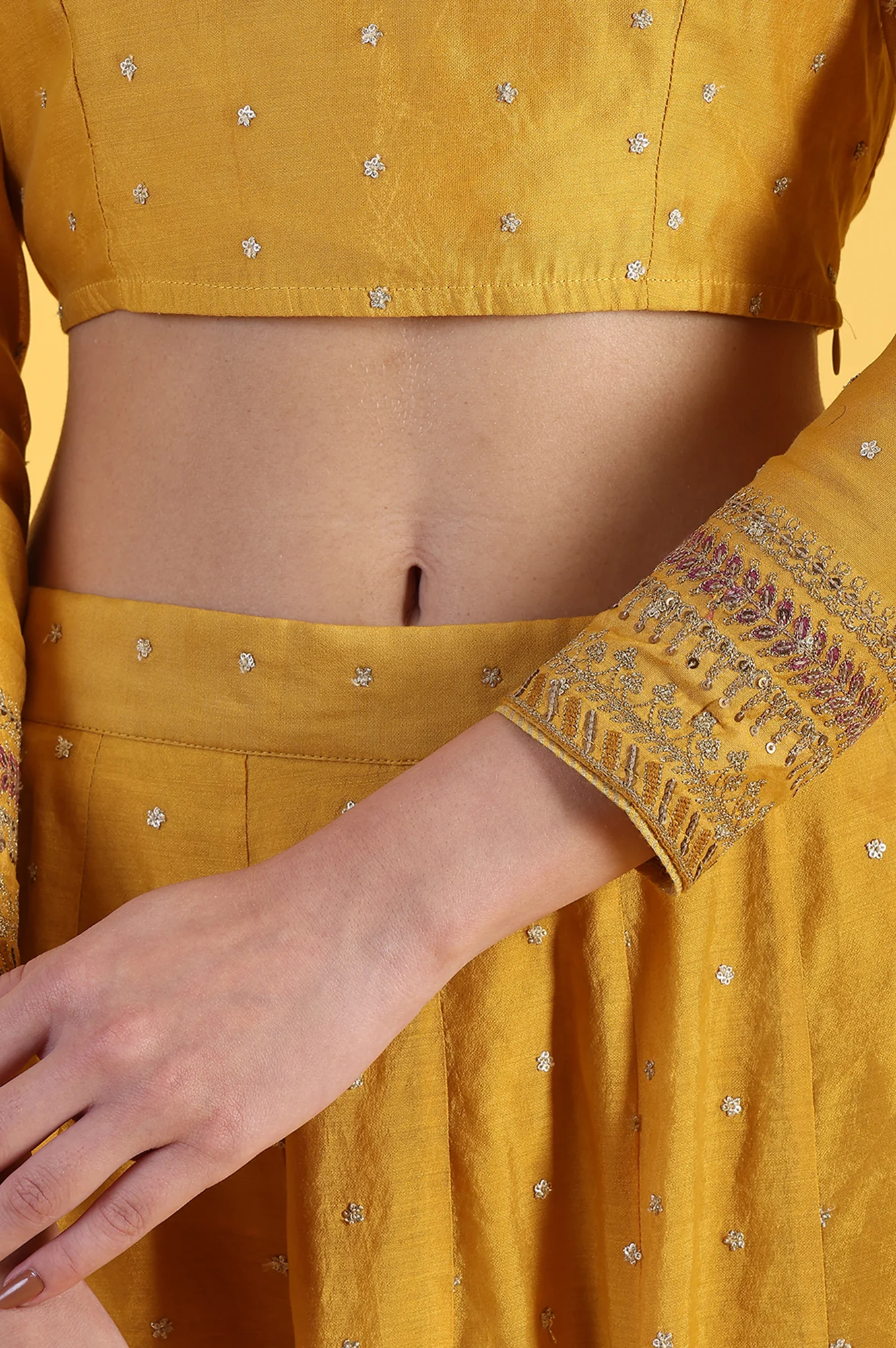 Yellow Metallic Embroidery Crop Top & Skirt with Dupatta Set - Image 7