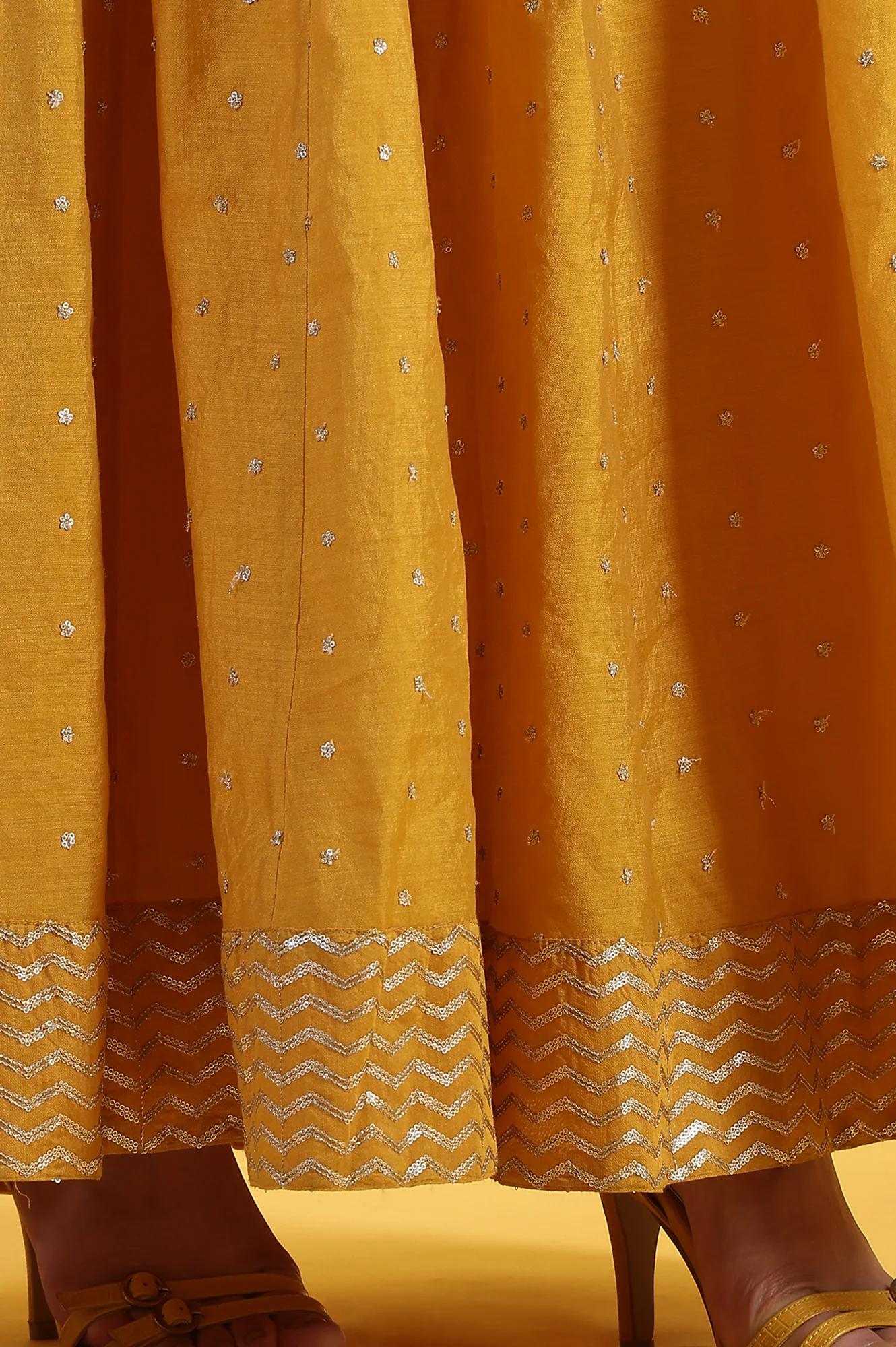 Yellow Metallic Embroidery Crop Top & Skirt with Dupatta Set - Image 9