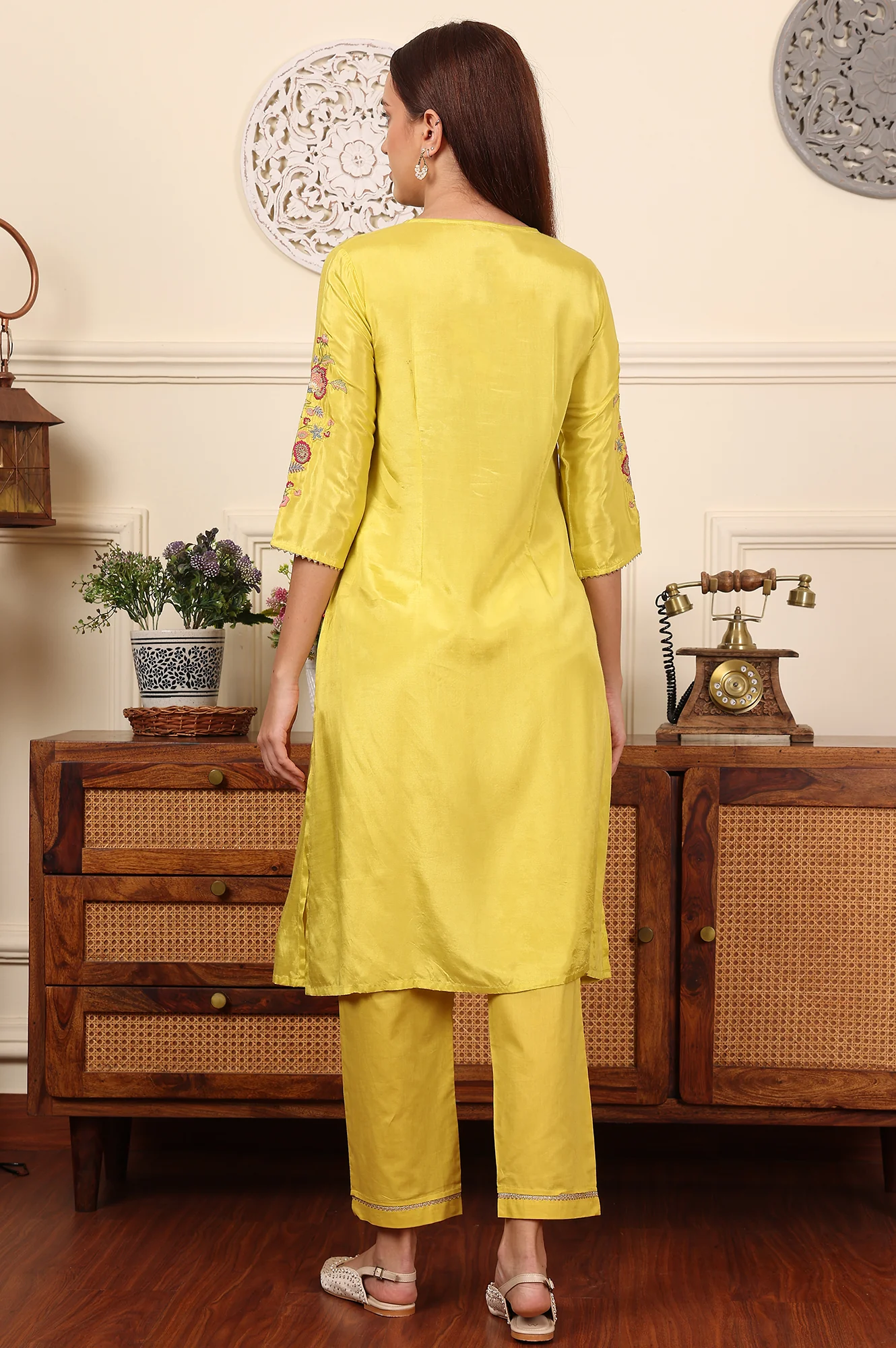 Yellow Pleated Yoke Shantun Kurta With Embroidery - Image 5