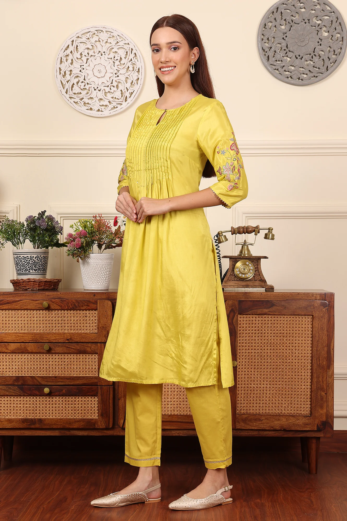 Yellow Pleated Yoke Shantun Kurta With Embroidery - Image 6