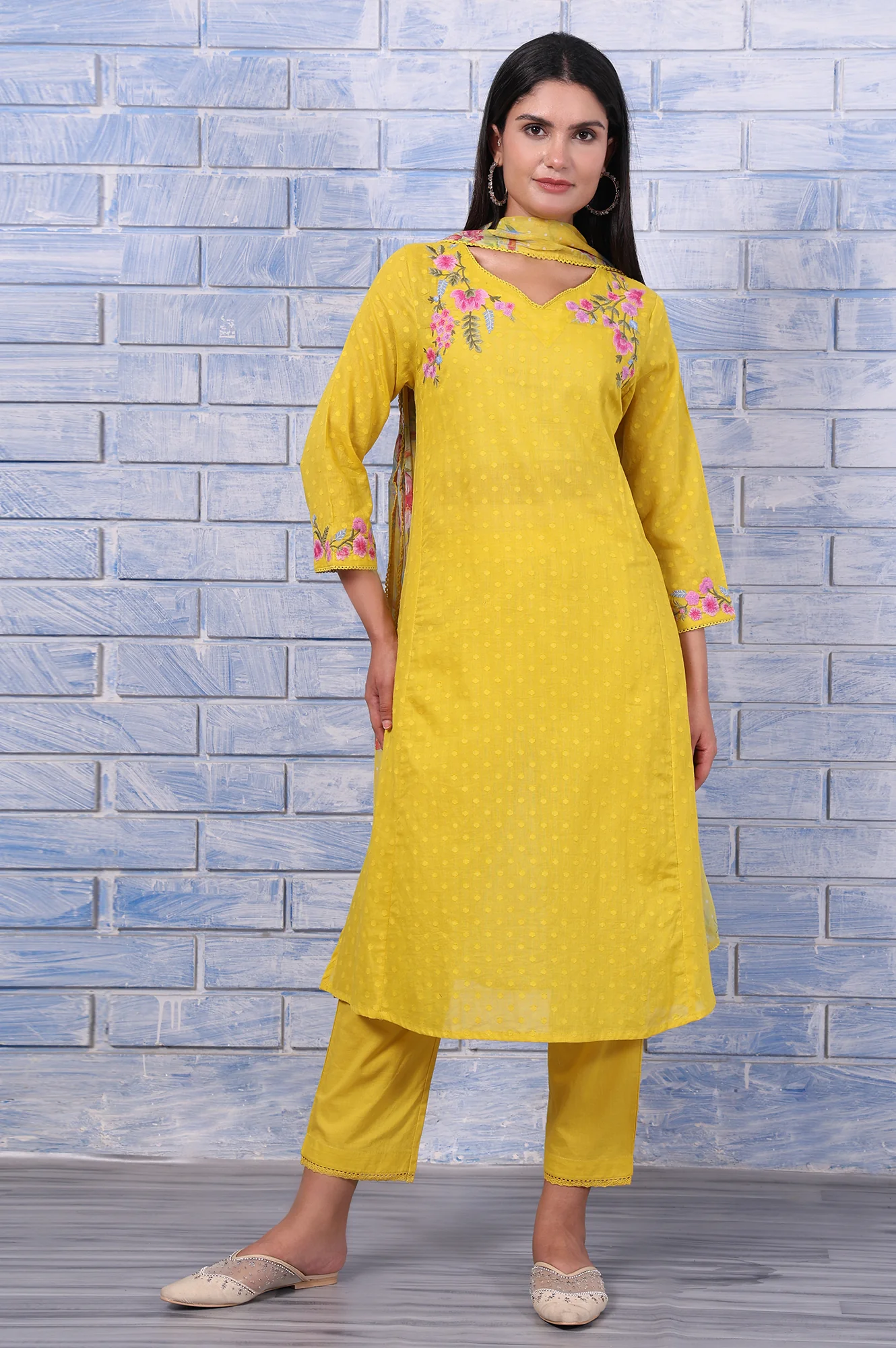 Yellow Polka Printed Thread Embroidered Cotton Dot Texture A-Line Kurta, Straight Pant And Dupatta Set
