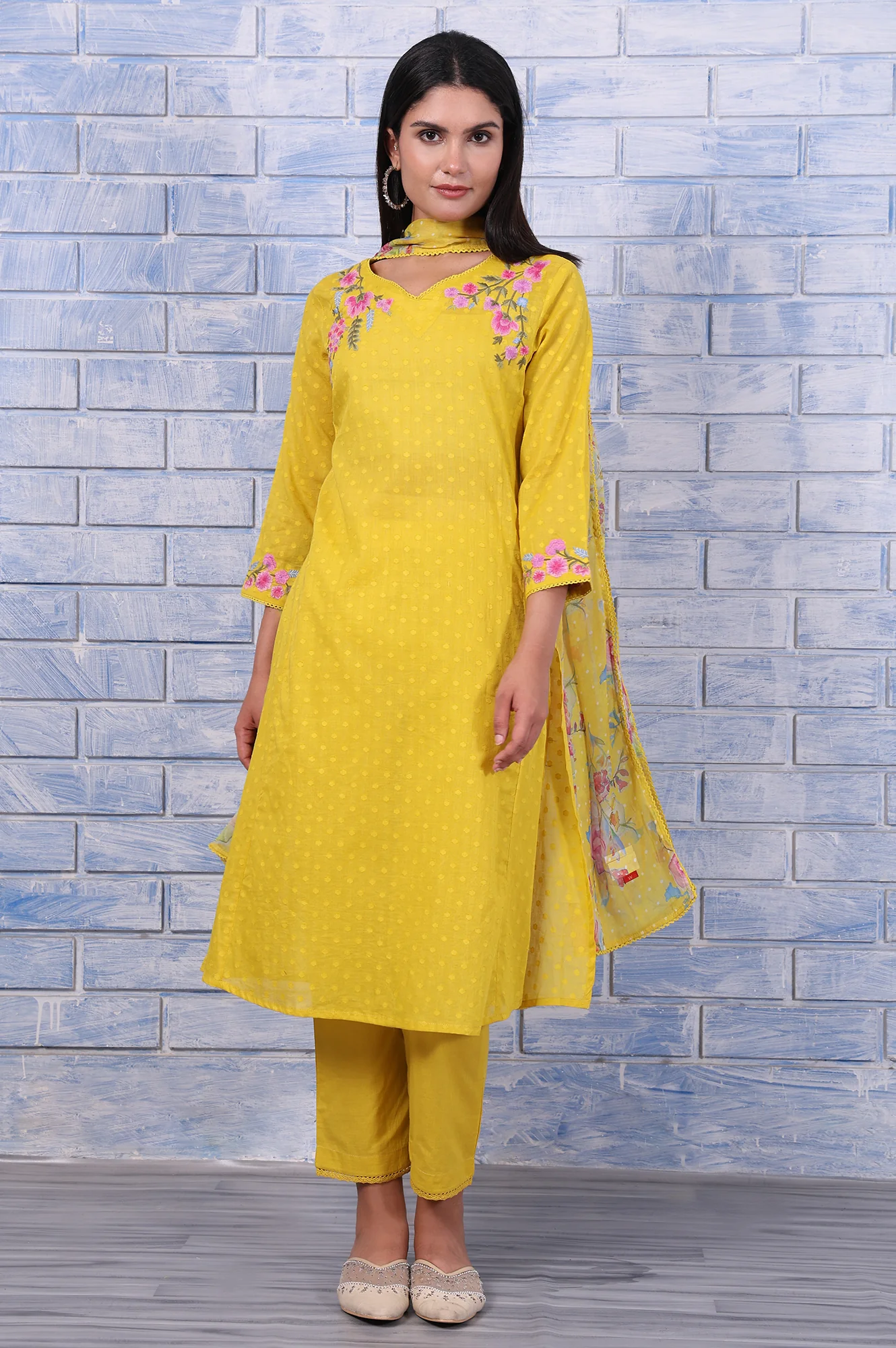 Yellow Polka Printed Thread Embroidered Cotton Dot Texture A-Line Kurta, Straight Pant And Dupatta Set - Image 2