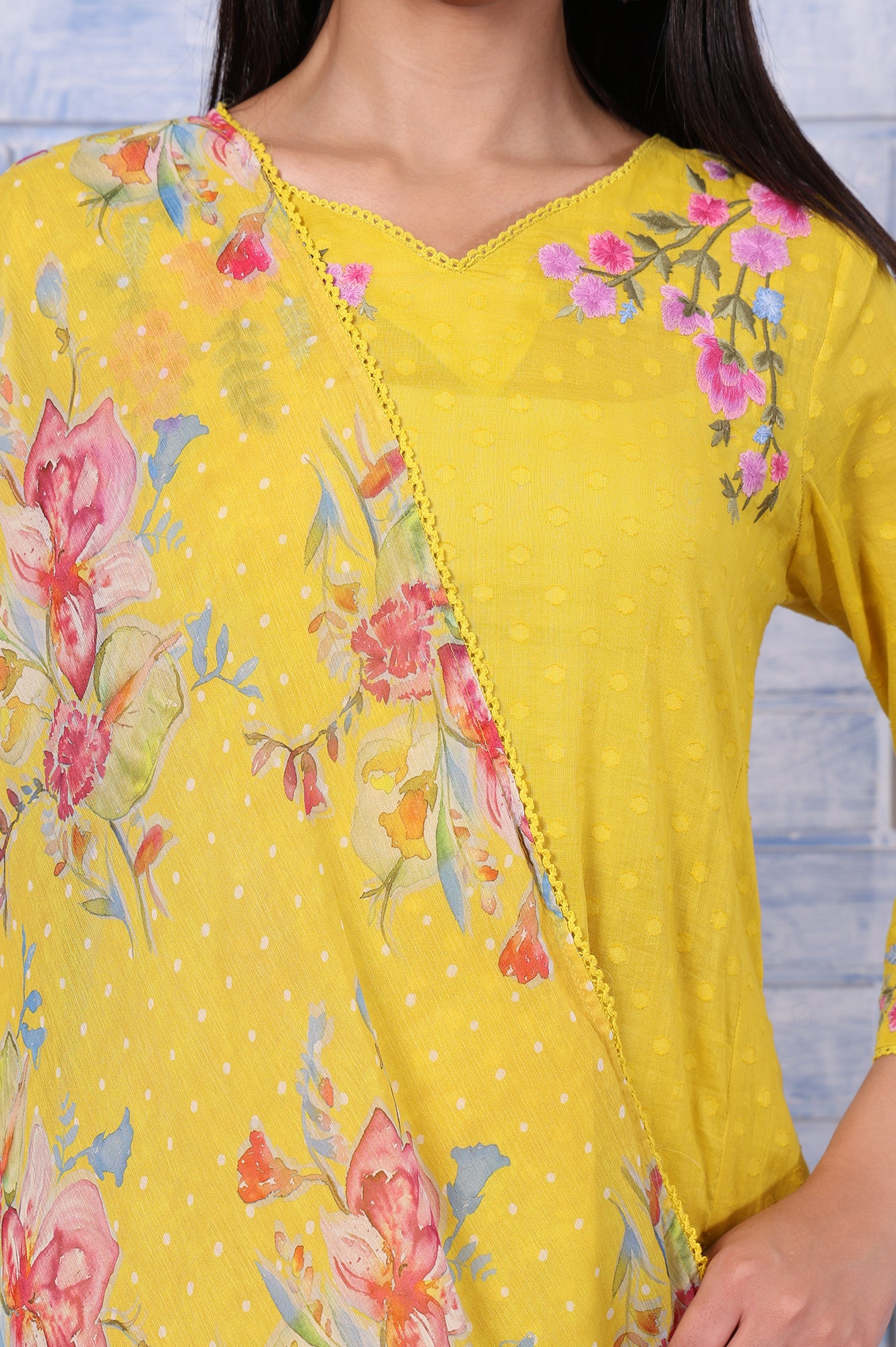 Yellow Polka Printed Thread Embroidered Cotton Dot Texture A-Line Kurta, Straight Pant And Dupatta Set - Image 3