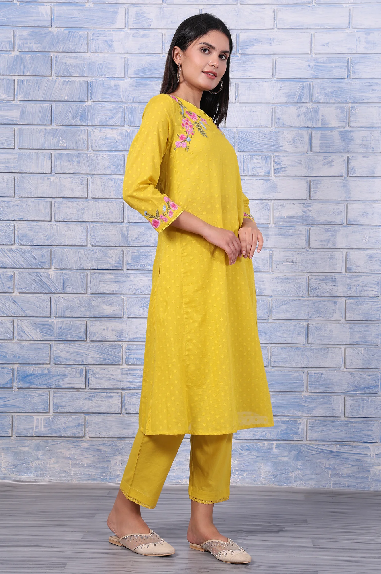 Yellow Polka Printed Thread Embroidered Cotton Dot Texture A-Line Kurta, Straight Pant And Dupatta Set - Image 6