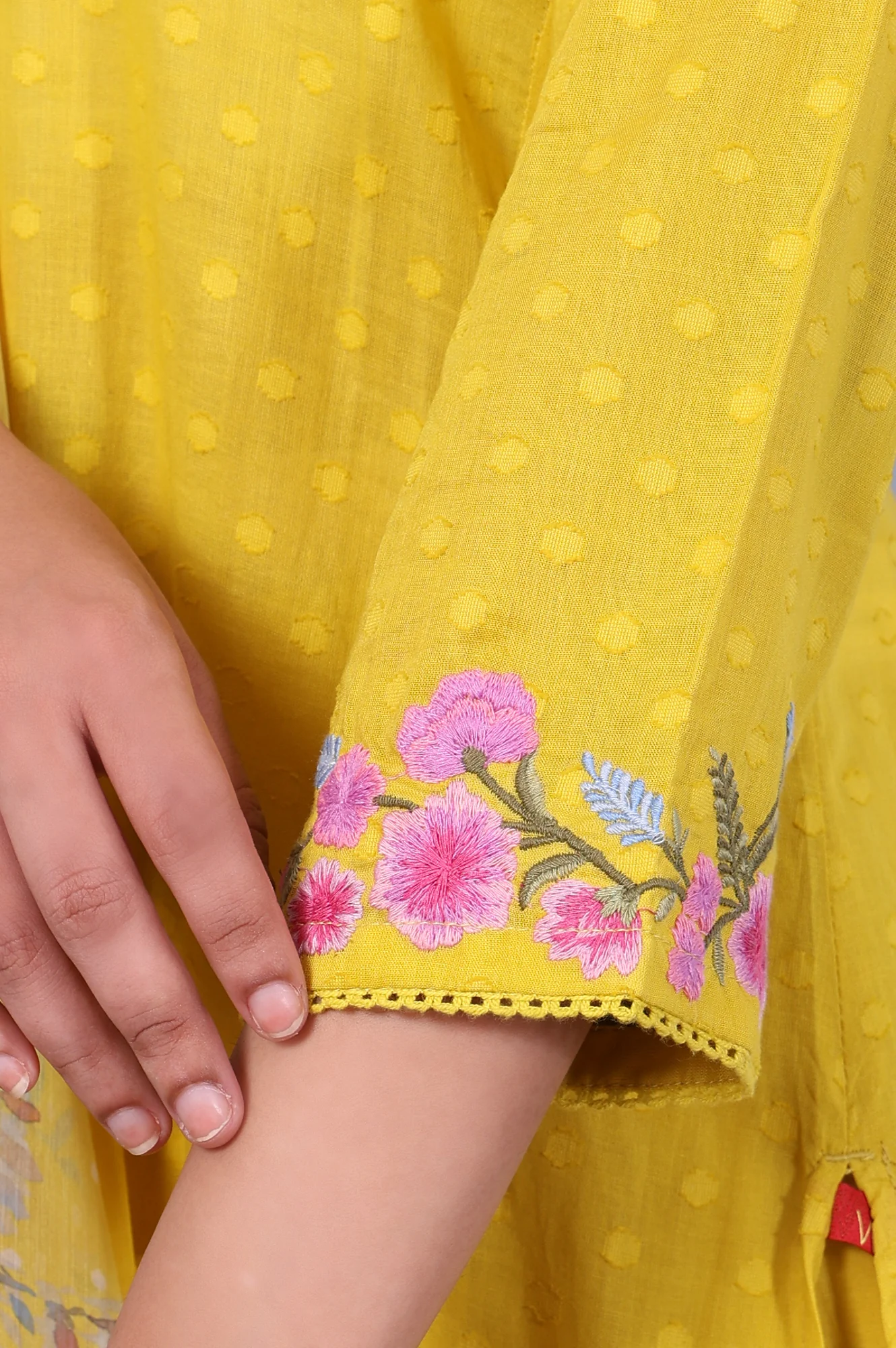 Yellow Polka Printed Thread Embroidered Cotton Dot Texture A-Line Kurta, Straight Pant And Dupatta Set - Image 7