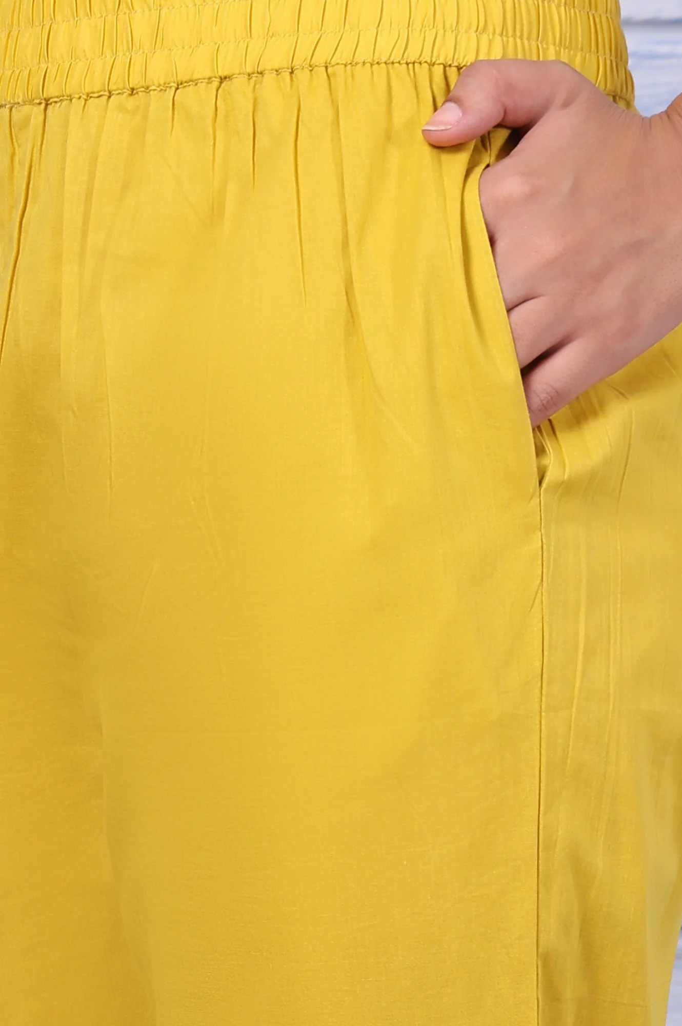 Yellow Polka Printed Thread Embroidered Cotton Dot Texture A-Line Kurta, Straight Pant And Dupatta Set - Image 9
