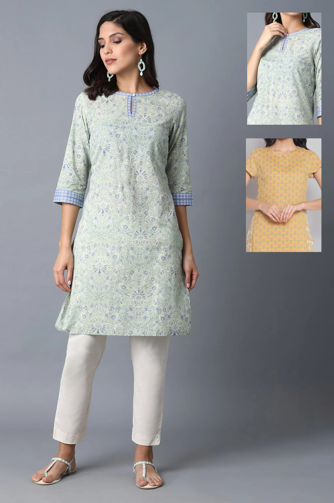 Yellow Printed Rayon Straight Kurta & Green Printed Cotton Straight Kurta Combo