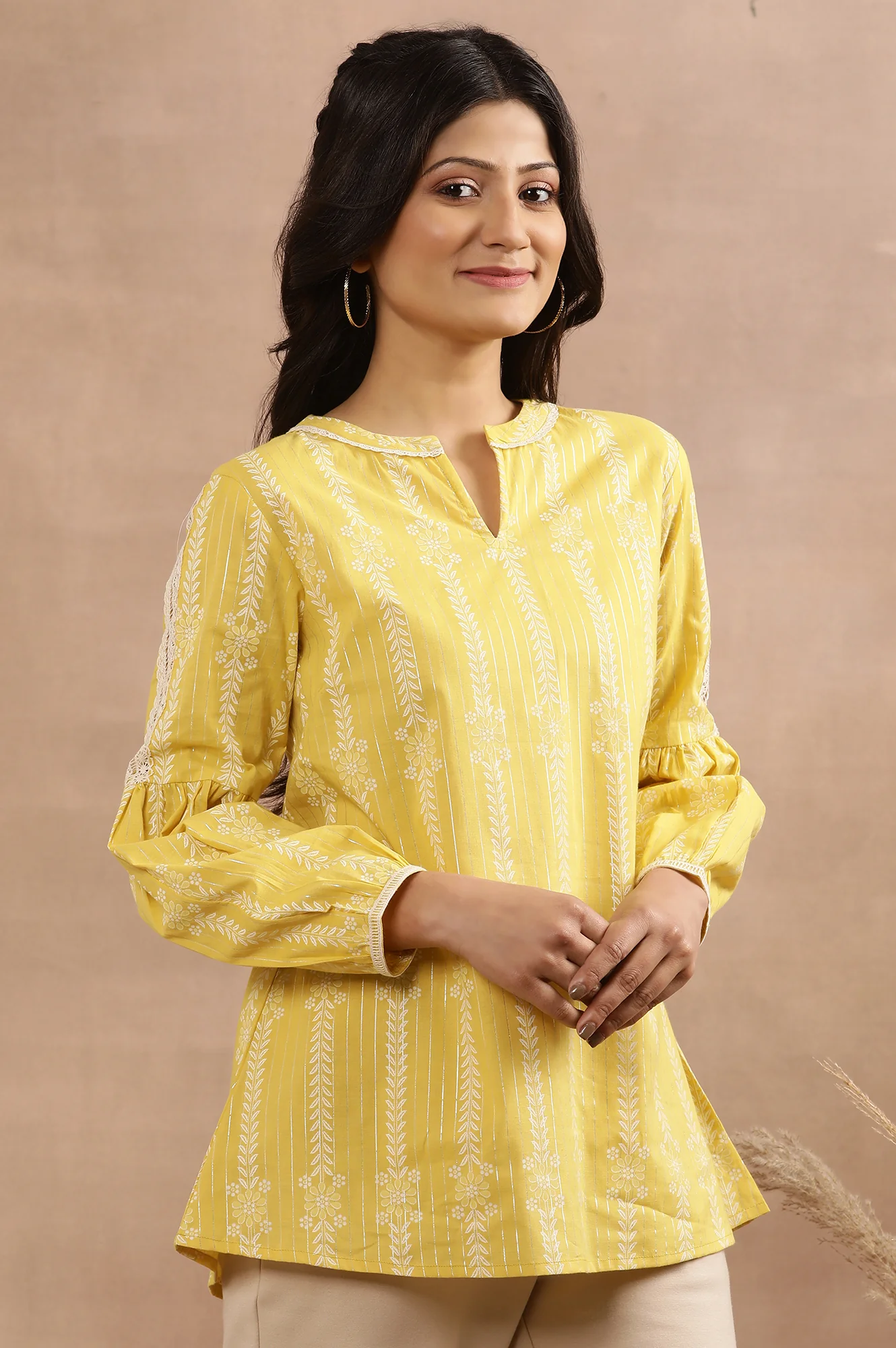 Yellow Printed Top With Tie-Up Detail - Image 4
