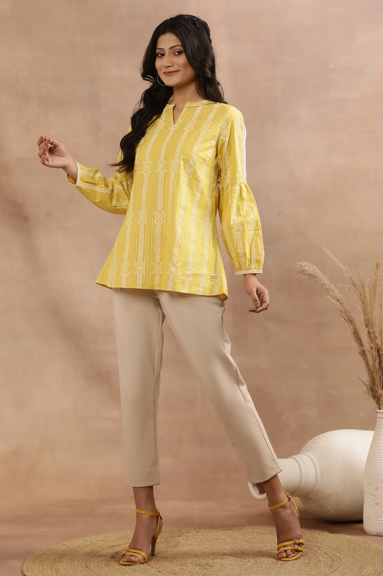 Yellow Printed Top With Tie-Up Detail - Image 5