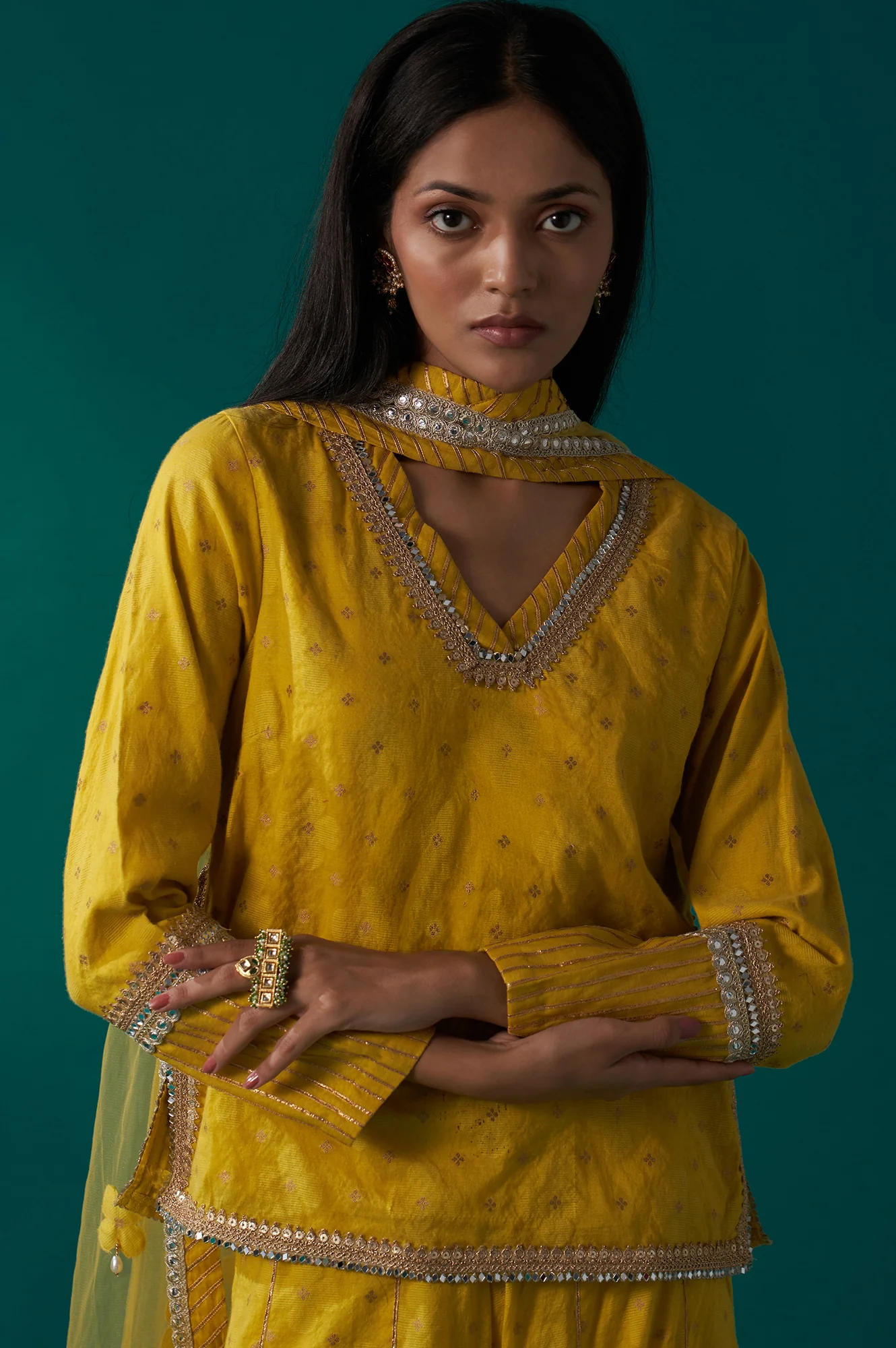 Yellow Embroidered Jacquard Straight Short Kurta with Culotte and Dupatta Set - Image 2