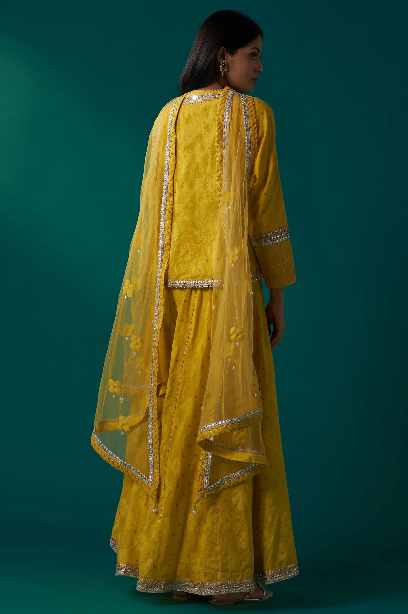 Yellow Embroidered Jacquard Straight Short Kurta with Culotte and Dupatta Set - Image 4
