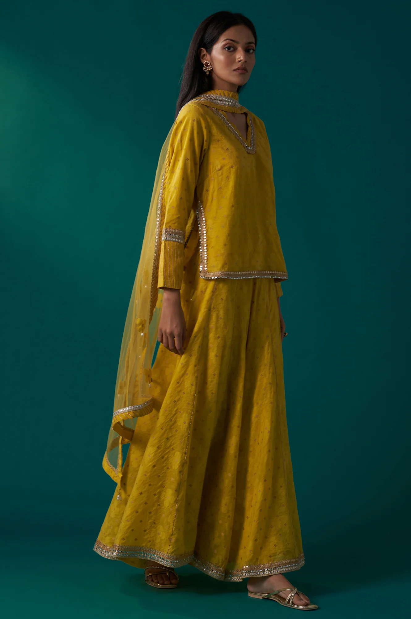 Yellow Embroidered Jacquard Straight Short Kurta with Culotte and Dupatta Set - Image 5