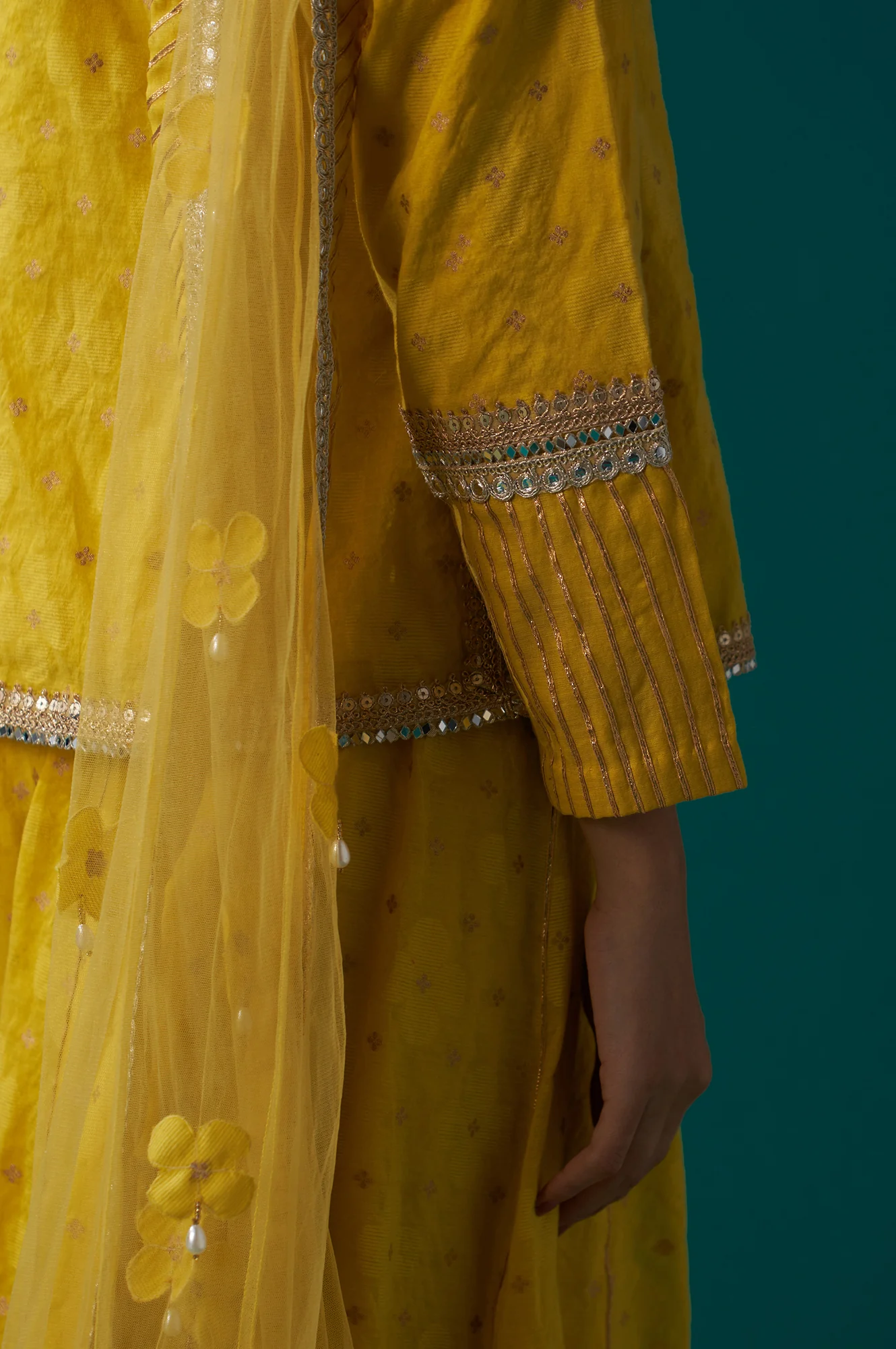 Yellow Embroidered Jacquard Straight Short Kurta with Culotte and Dupatta Set - Image 7