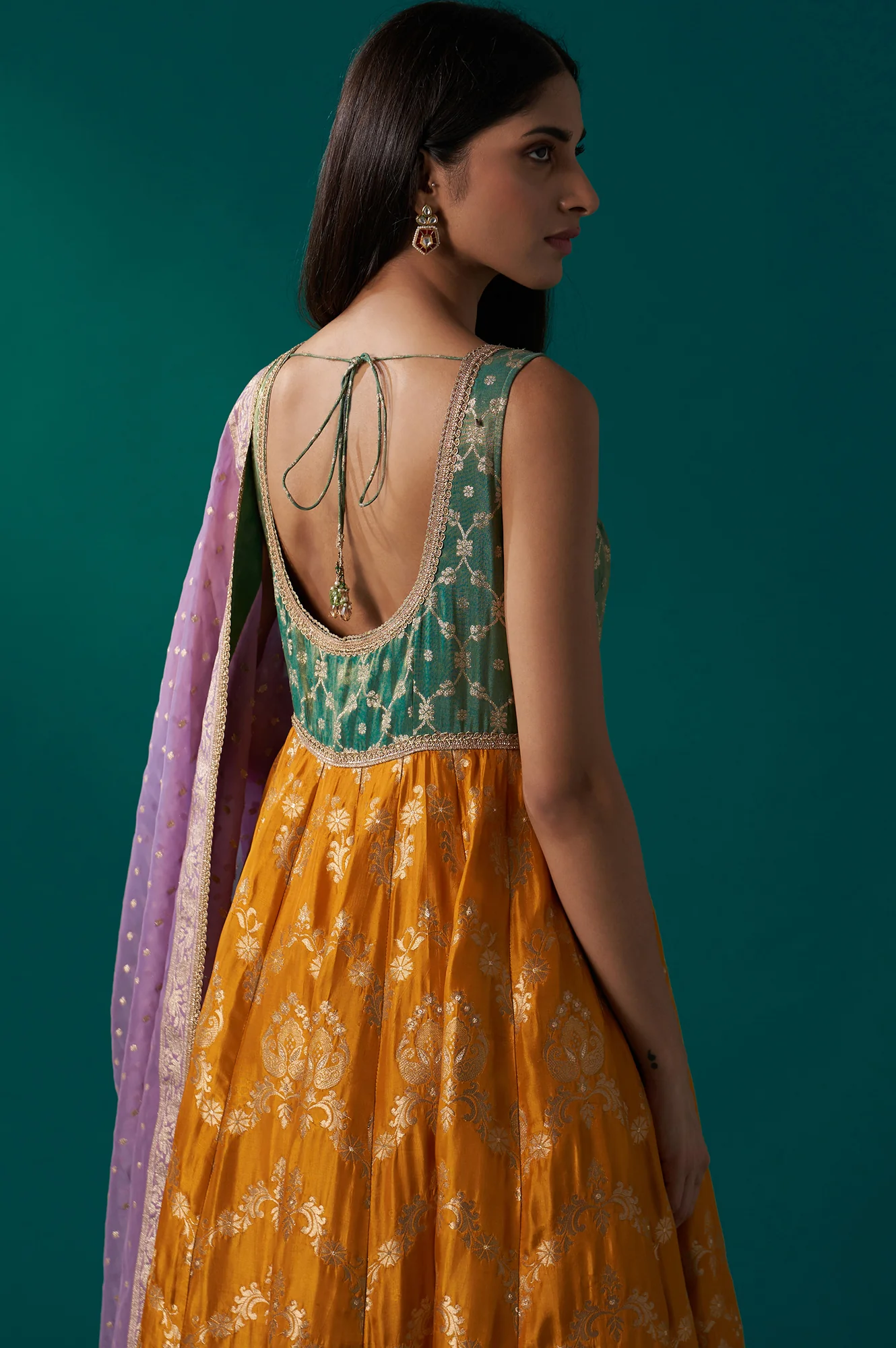 Yellow and Green Zardozi Embroidered Jacquard Anarkali Kurta with Churidar and Dupatta Set - Image 6