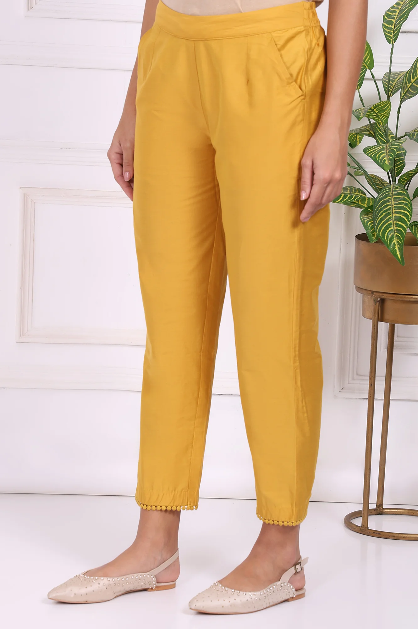 Yellow Solid Ankle Length Straight Pants - Image 2