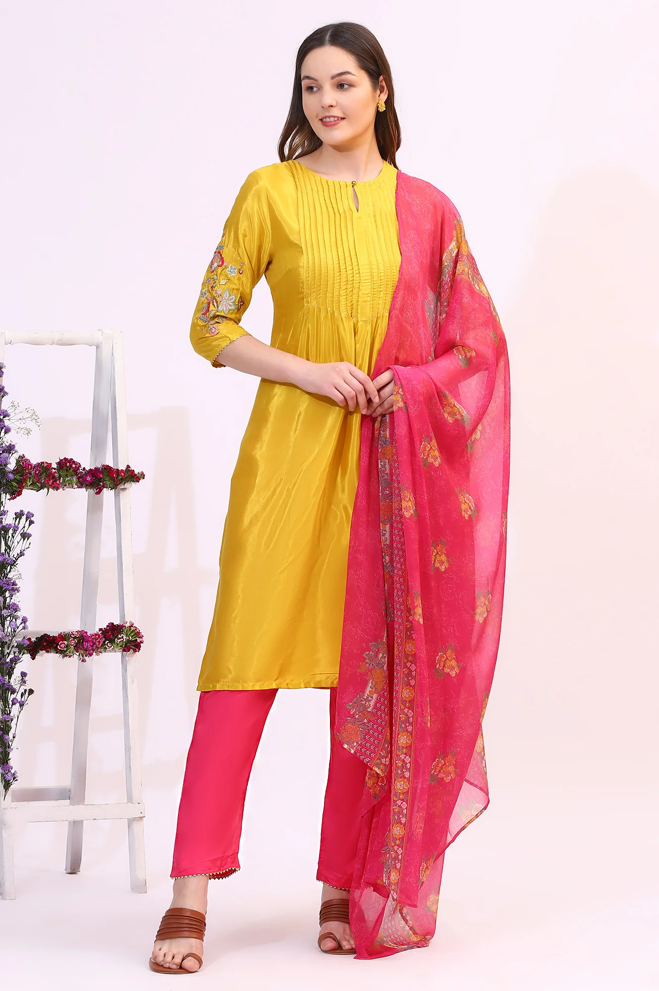 Yellow Embroidered Shantung Kurta, Pants and Dupatta Set - Image 3