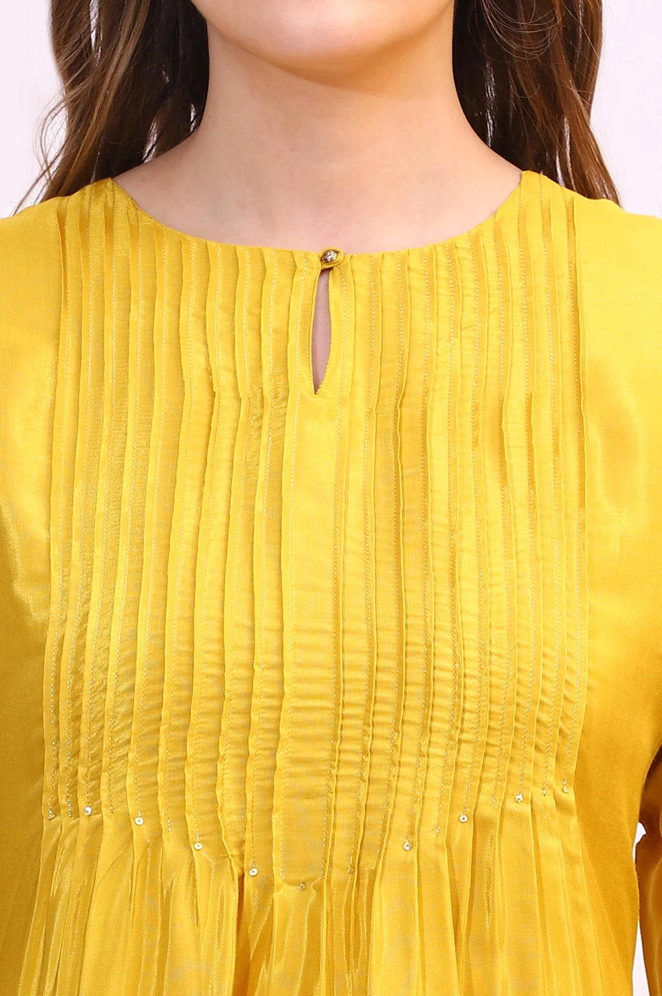 Yellow Embroidered Shantung Kurta, Pants and Dupatta Set - Image 4