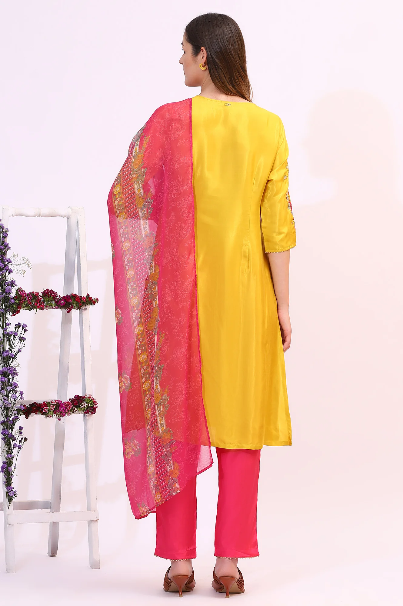 Yellow Embroidered Shantung Kurta, Pants and Dupatta Set - Image 6