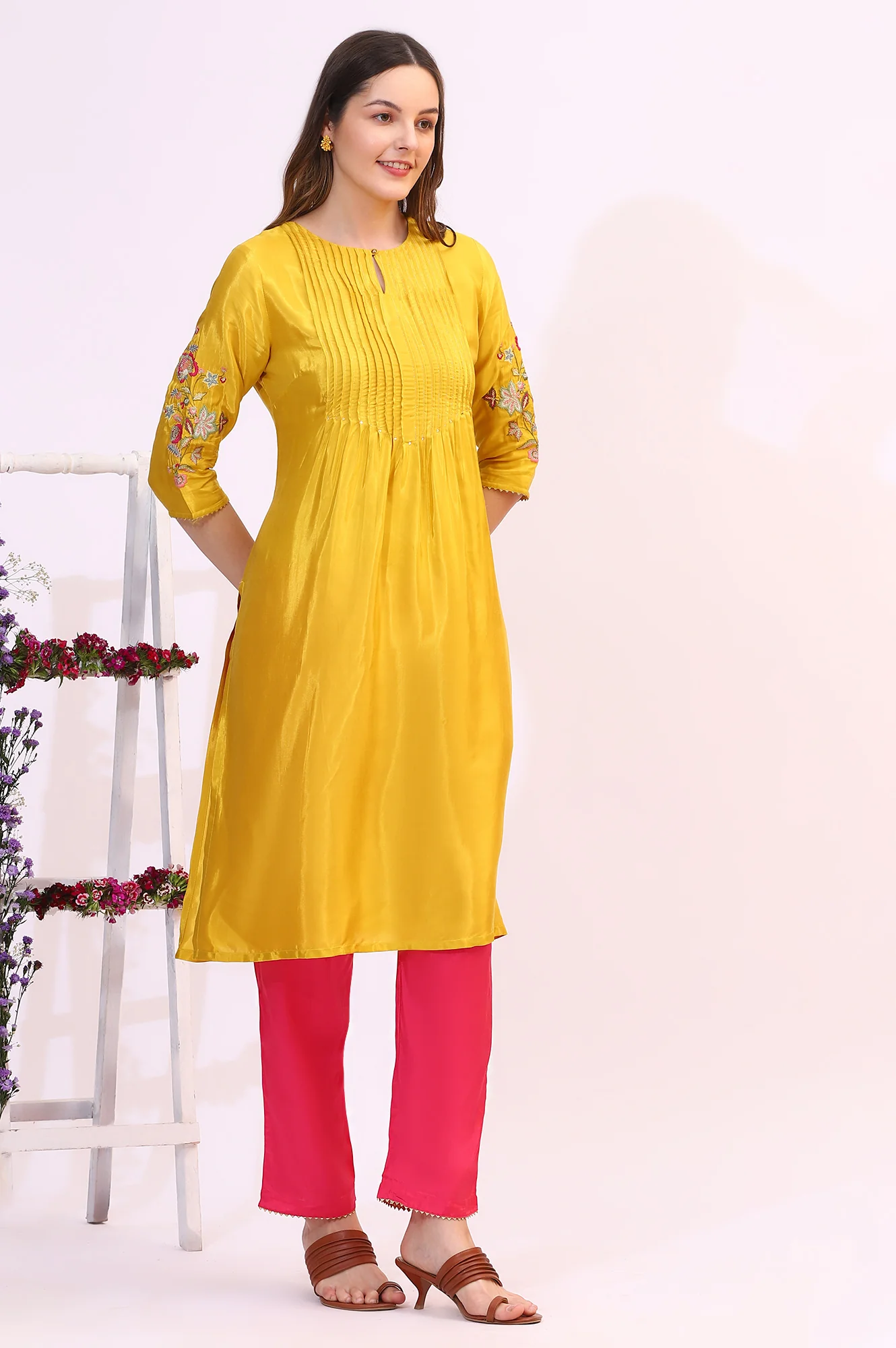 Yellow Embroidered Shantung Kurta, Pants and Dupatta Set - Image 7