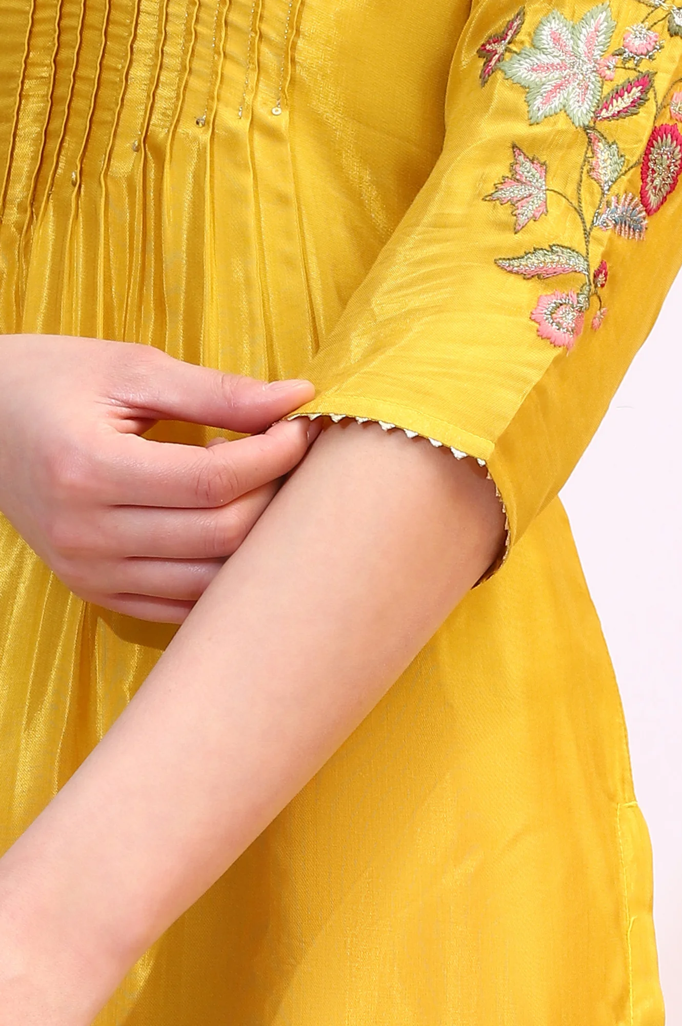 Yellow Embroidered Shantung Kurta, Pants and Dupatta Set - Image 8
