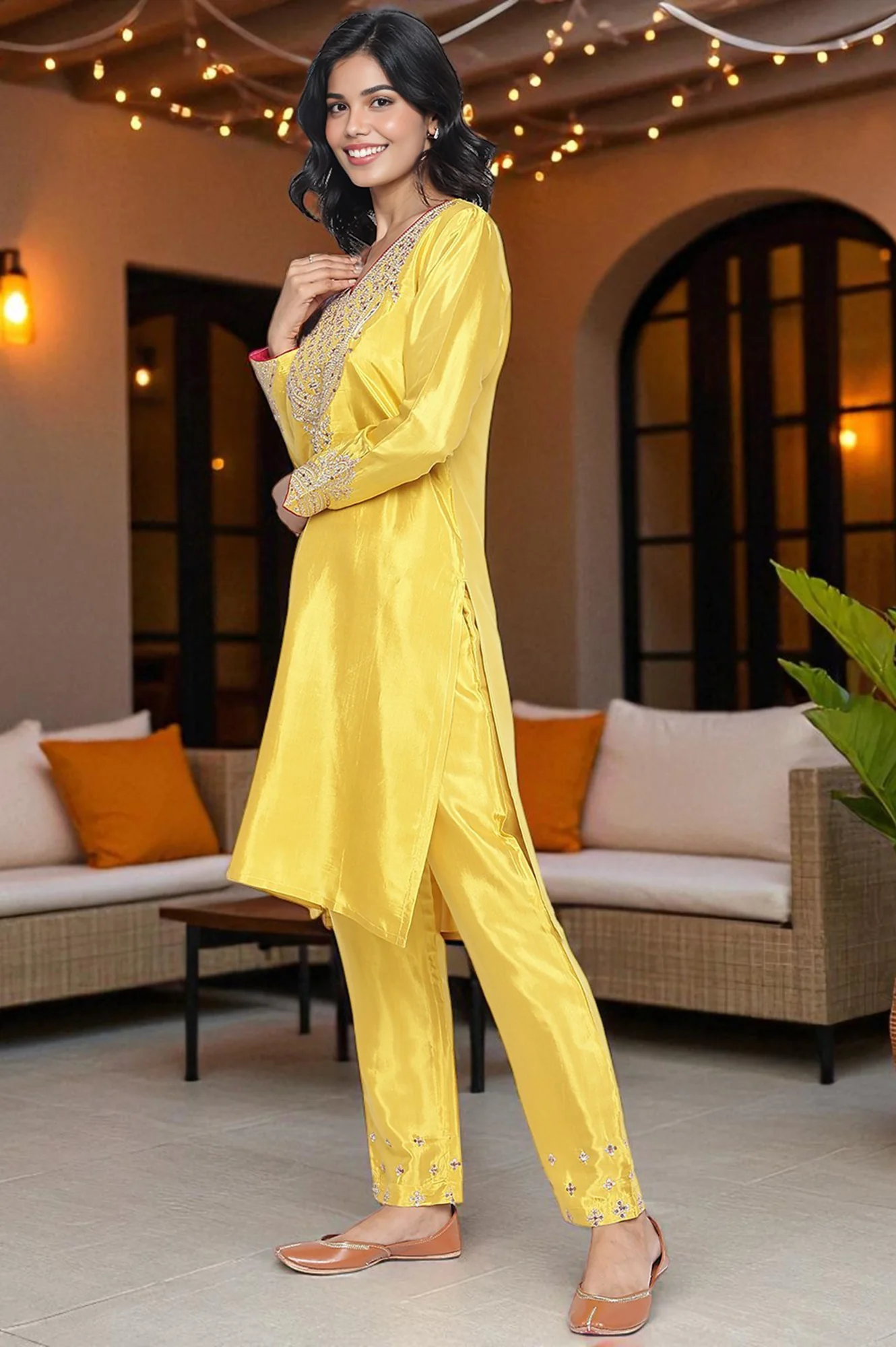 Yellow Solid Printed Shantung Straight Kurta, Straight Pant and Dupatta Set - Image 3