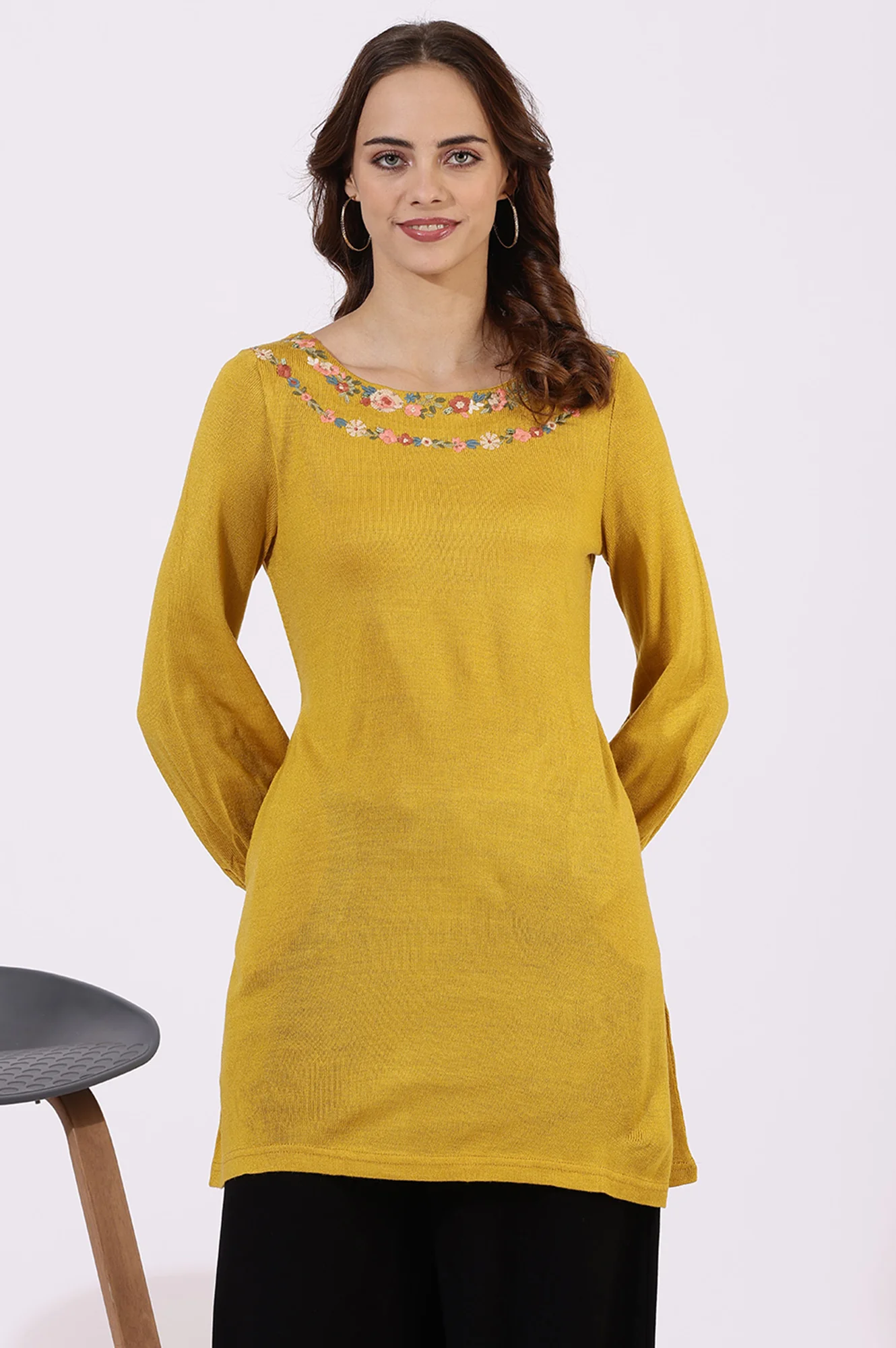 Yellow Solid Thread Work Acrylic Straight Tunic