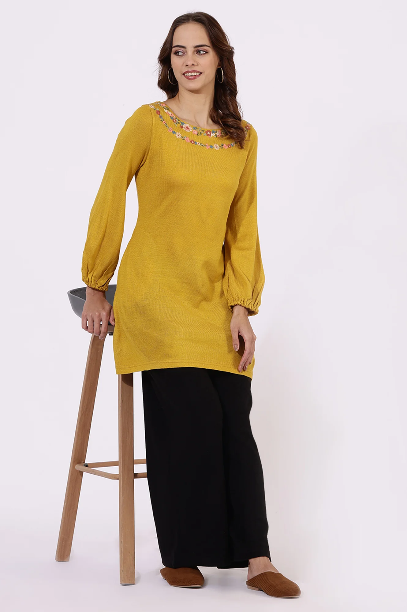 Yellow Solid Thread Work Acrylic Straight Tunic - Image 2