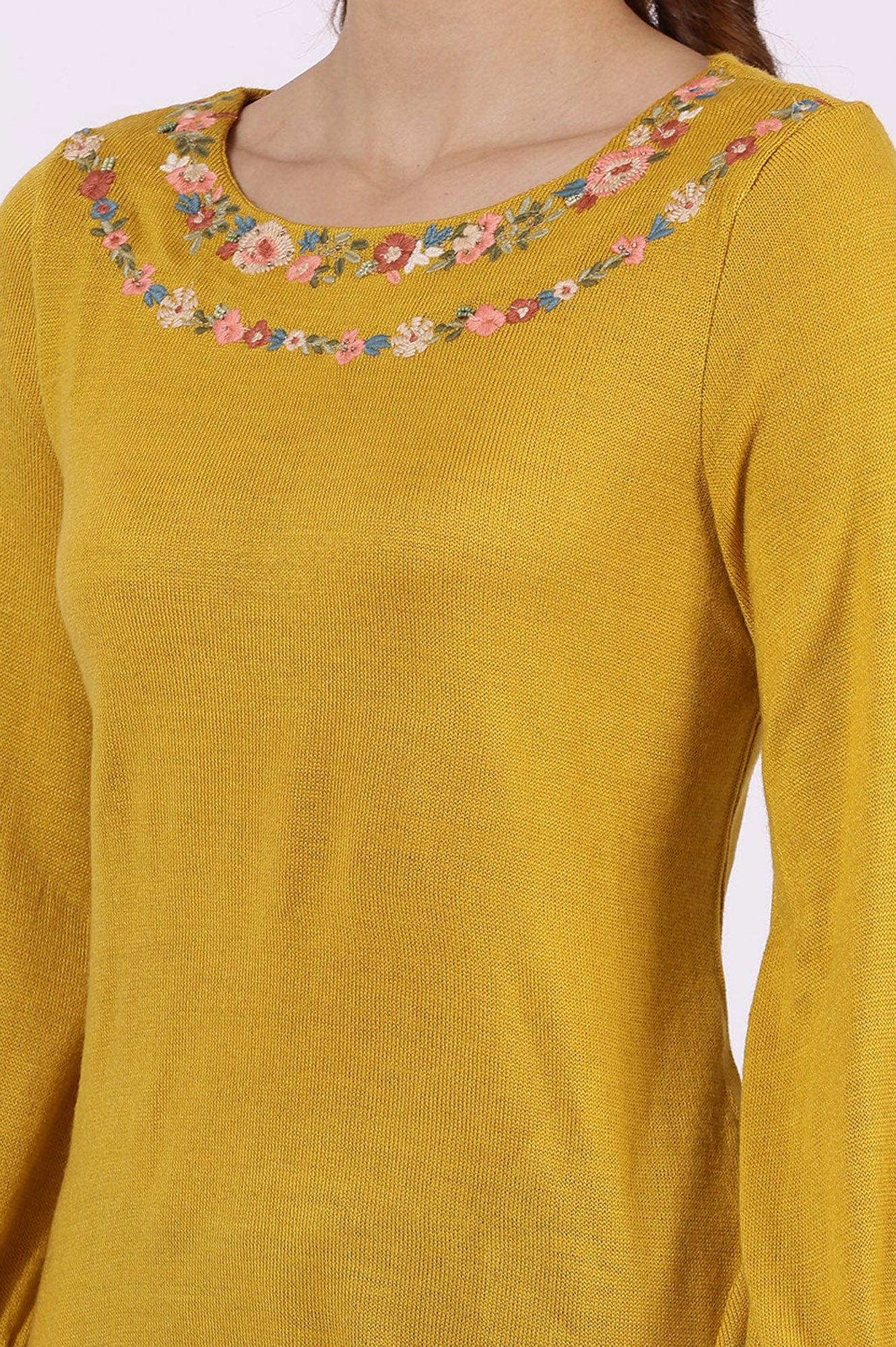 Yellow Solid Thread Work Acrylic Straight Tunic - Image 3