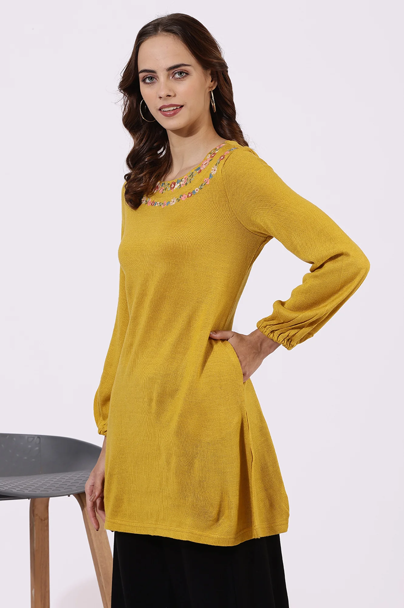 Yellow Solid Thread Work Acrylic Straight Tunic - Image 4