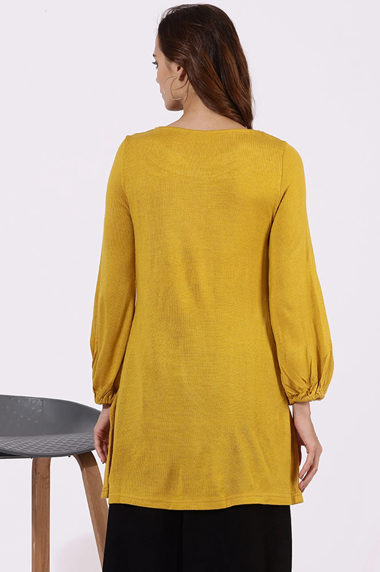 Yellow Solid Thread Work Acrylic Straight Tunic - Image 5