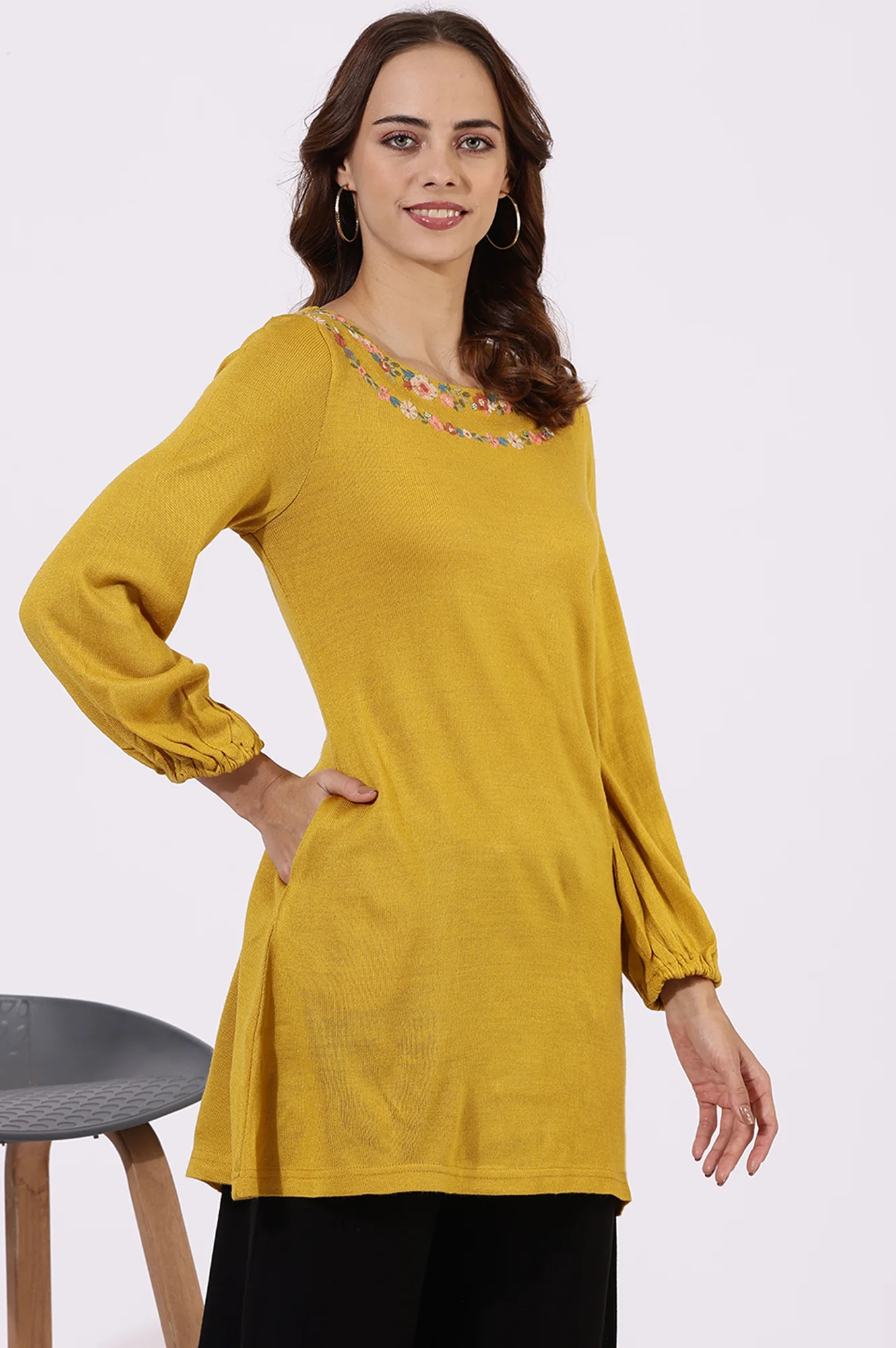 Yellow Solid Thread Work Acrylic Straight Tunic - Image 6