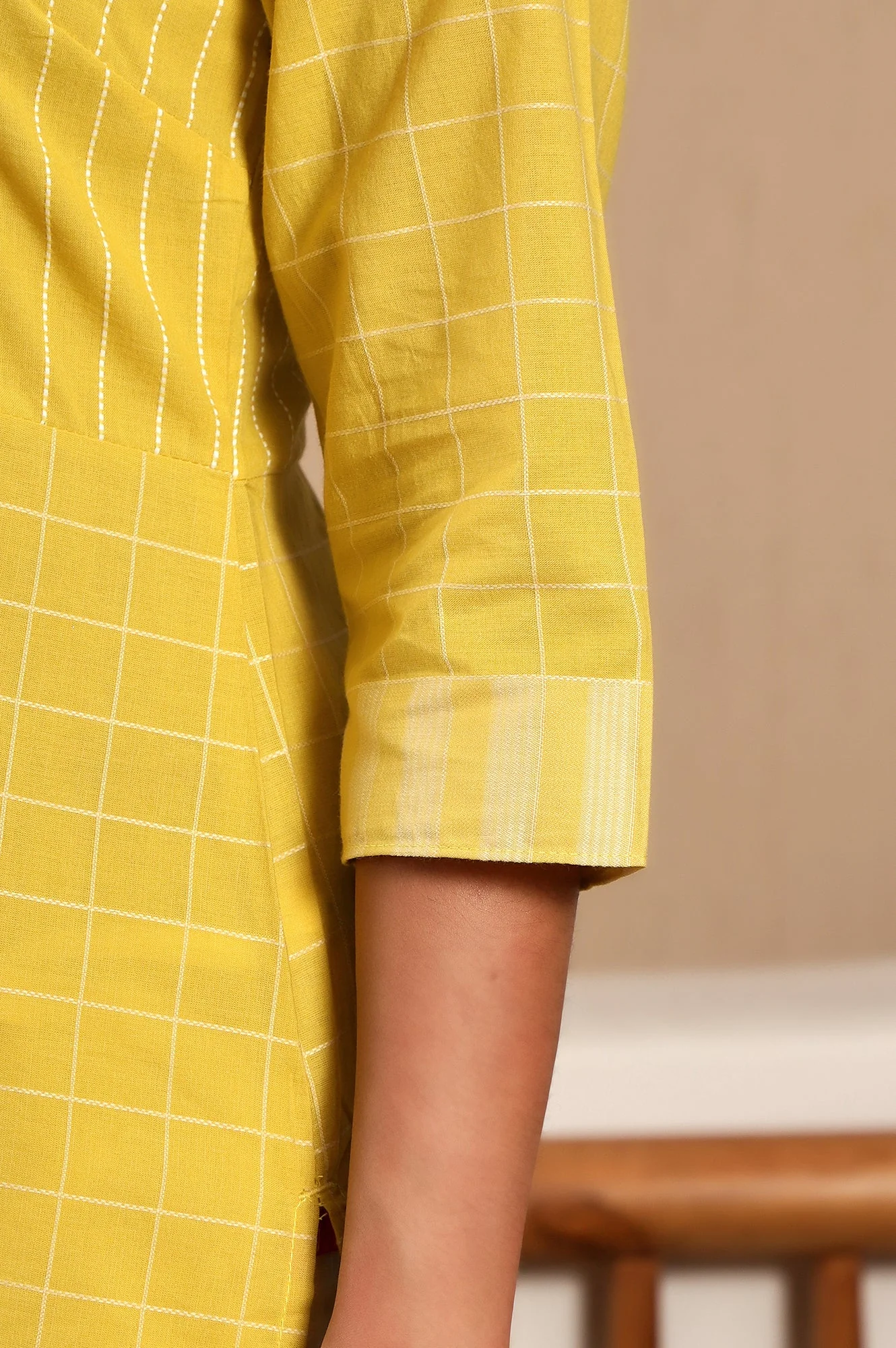 Yellow Stripe Printed Pure Cotton Mandarin Collar Straight Kurta - Image 6