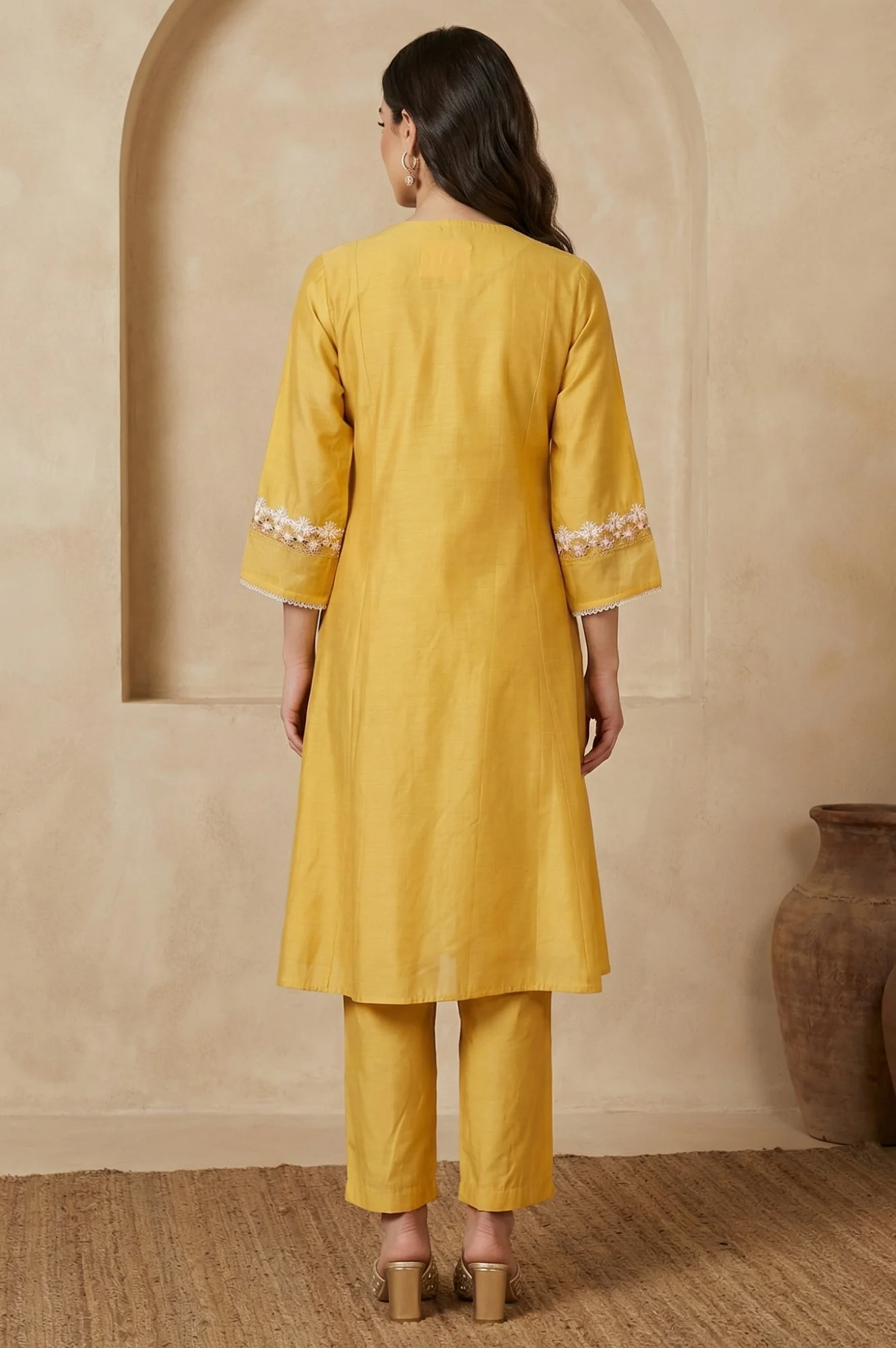 Yellow Thread Embroidered A-line Kurta - Image 5
