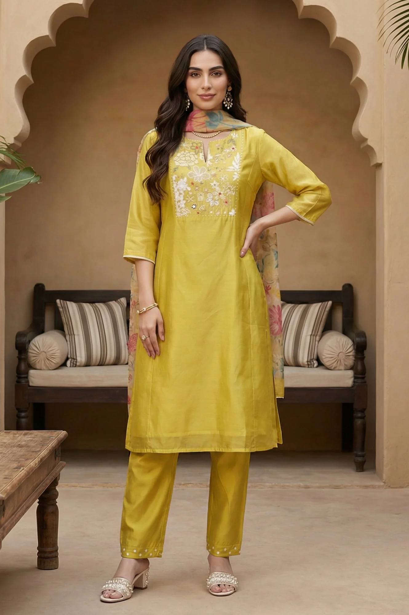 Yellow Thread Embroidery Chanderi Straight Kurta with Pants and Dupatta Set - Image 2