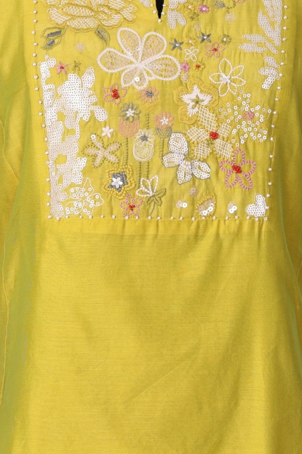 Yellow Thread Embroidery Chanderi Straight Kurta with Pants and Dupatta Set - Image 3