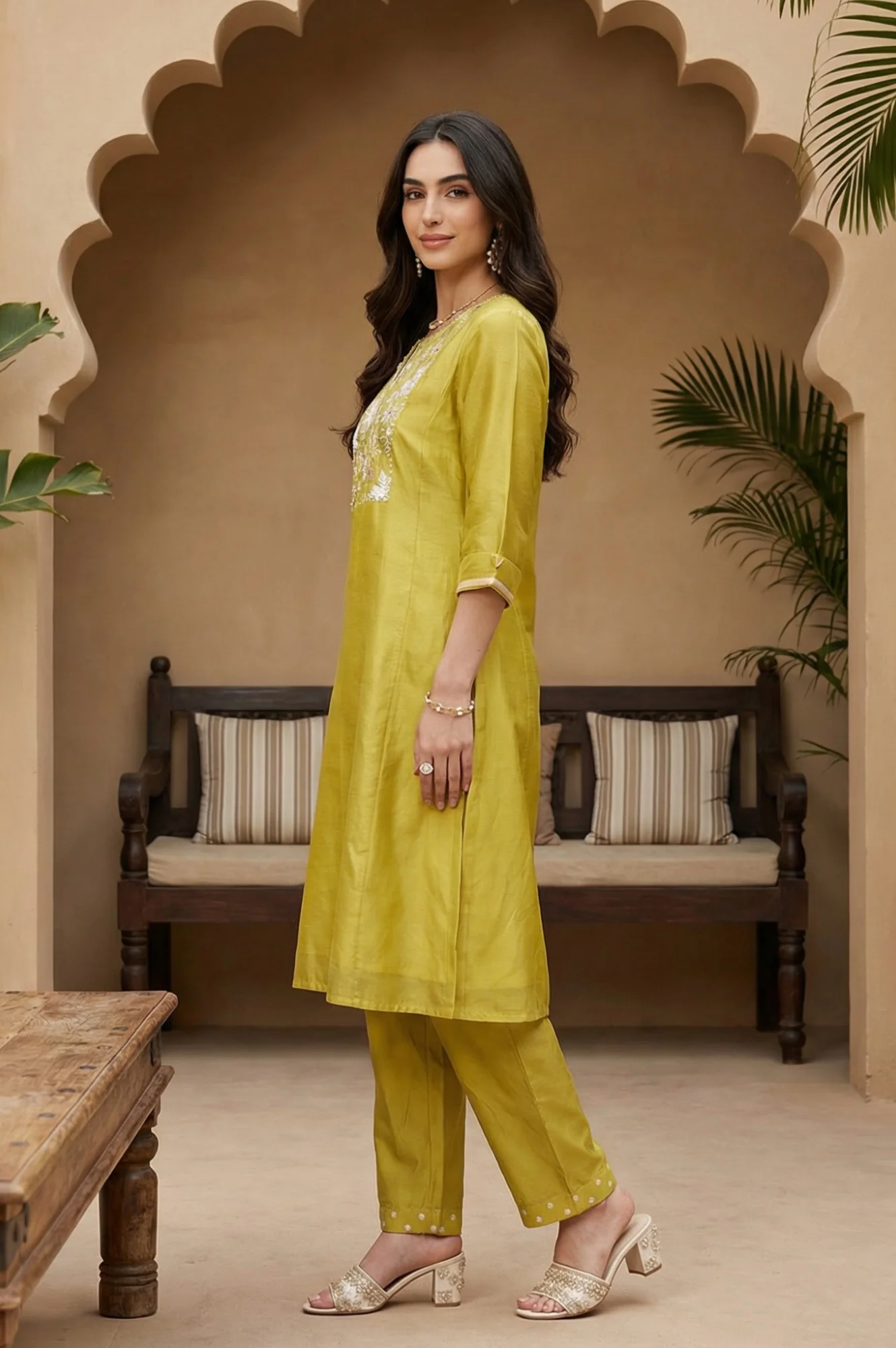 Yellow Thread Embroidery Chanderi Straight Kurta with Pants and Dupatta Set - Image 4