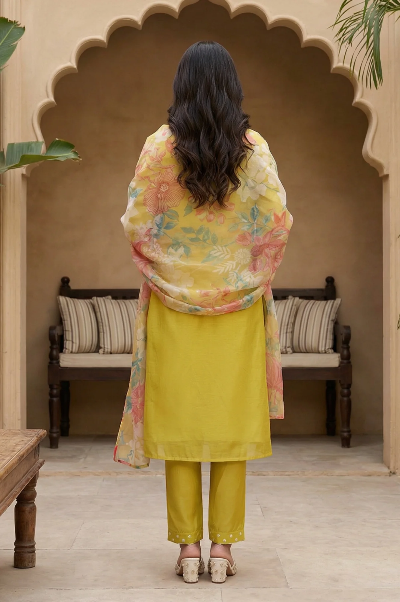 Yellow Thread Embroidery Chanderi Straight Kurta with Pants and Dupatta Set - Image 5