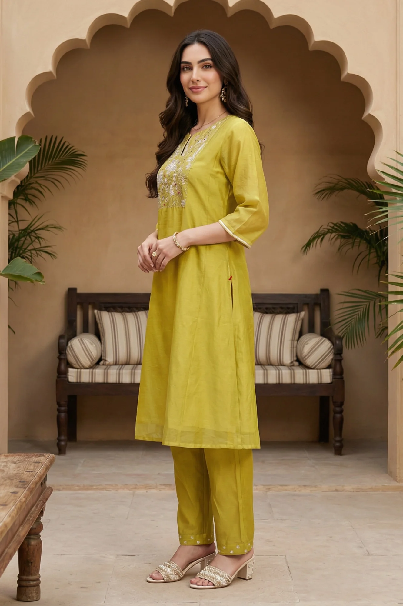 Yellow Thread Embroidery Chanderi Straight Kurta with Pants and Dupatta Set - Image 6