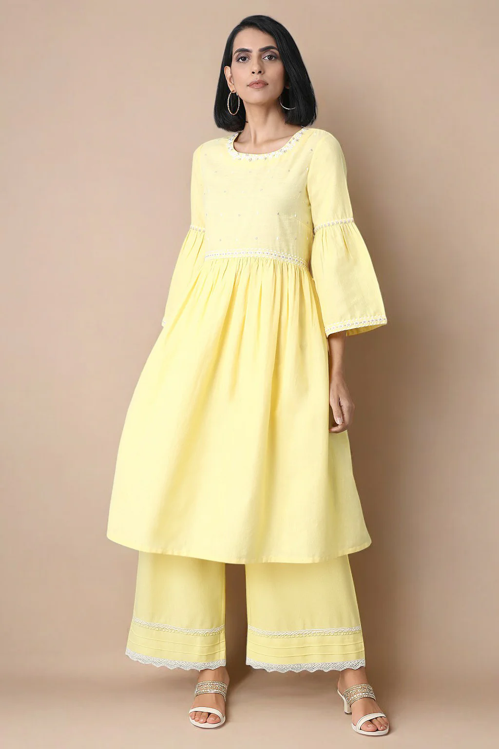 Yellow Thread Embroidery Pure Cotton Straight Dress and Parallel Pant Set - Image 2