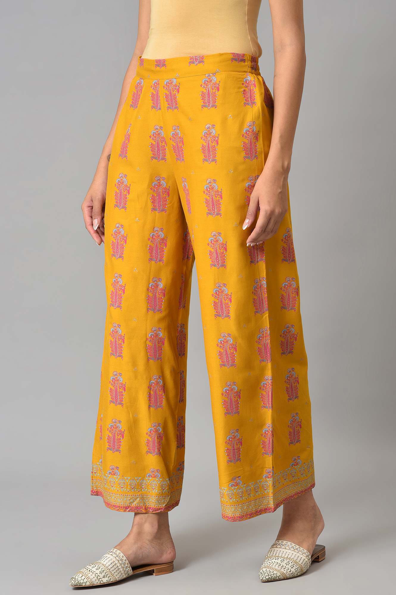 Yellow Thread Embroidery Rayon A-line Kurta and Parallel Pant Set - Image 6